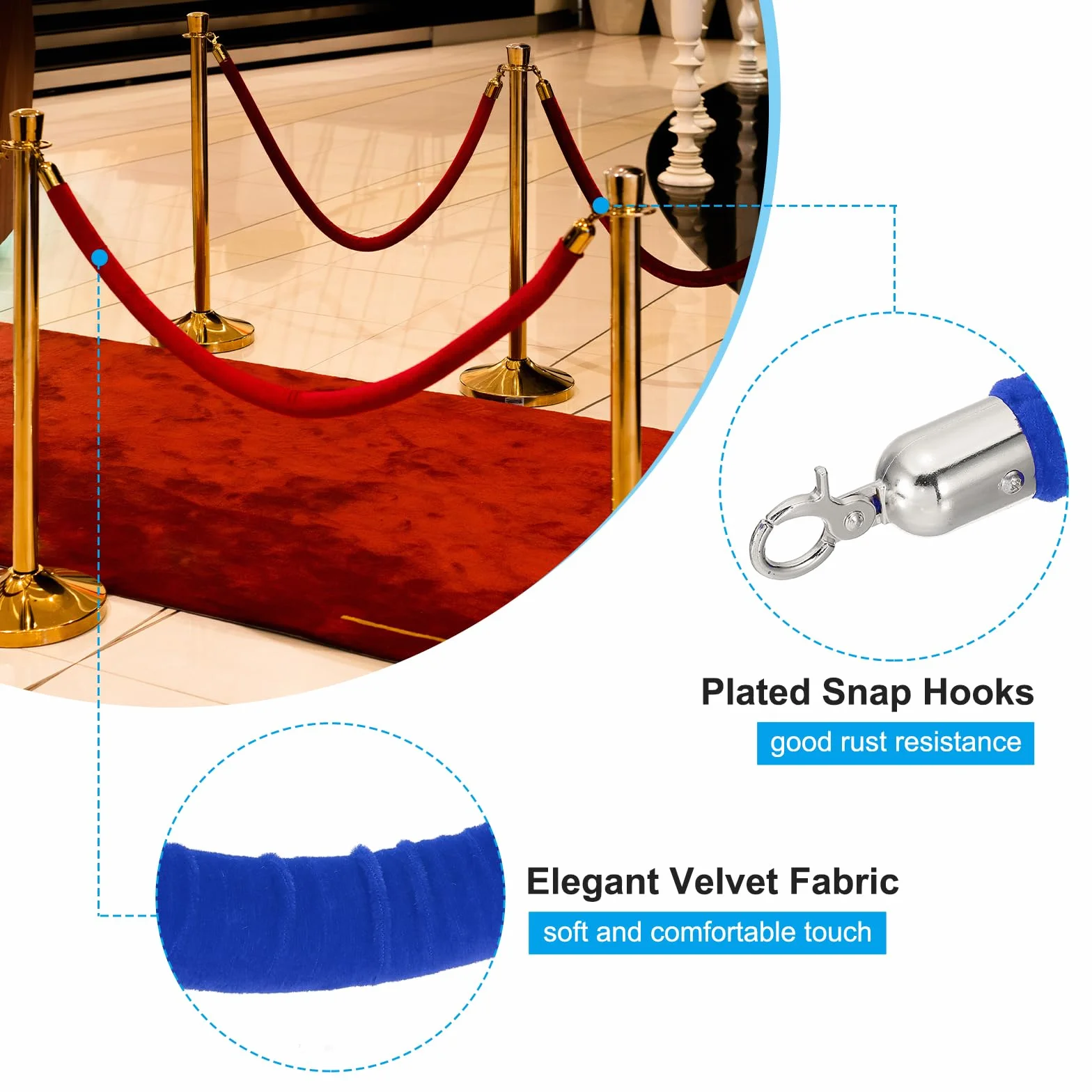 PATIKIL 8 Unidades Cuerda De Terciopelo Azul Para Postes De 6 Pies Cuerda De Barrera Para Control De Multitudes Con Ganchos De Acero Inoxidable Plateados Para Eventos Con Alfombra
