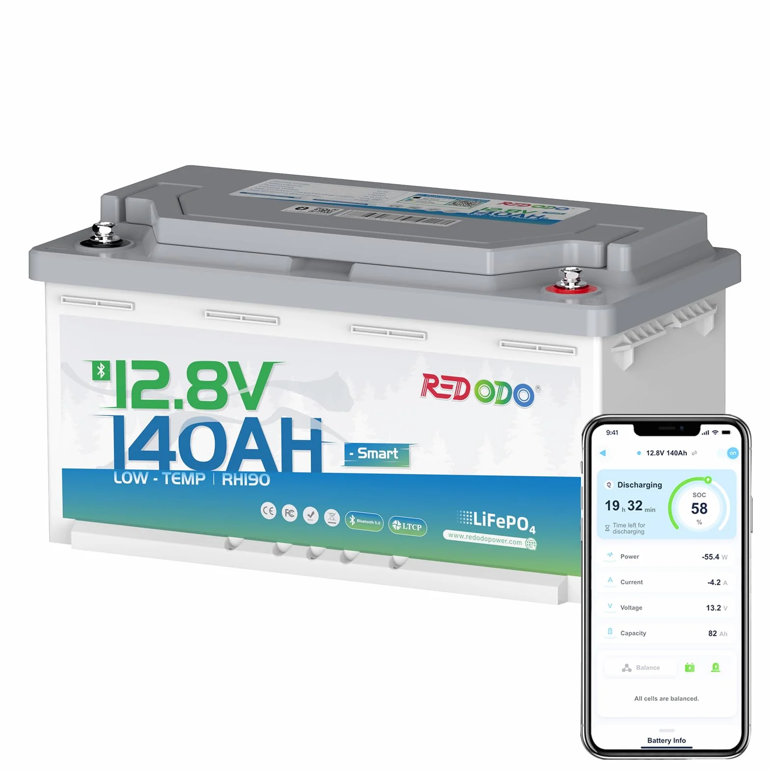 Batería Litio Redodo 12V 140Ah H190 LiFePO4 BMS 150A Bluetooth 1792Wh 15000 Ciclos Protección Baja Temperatura