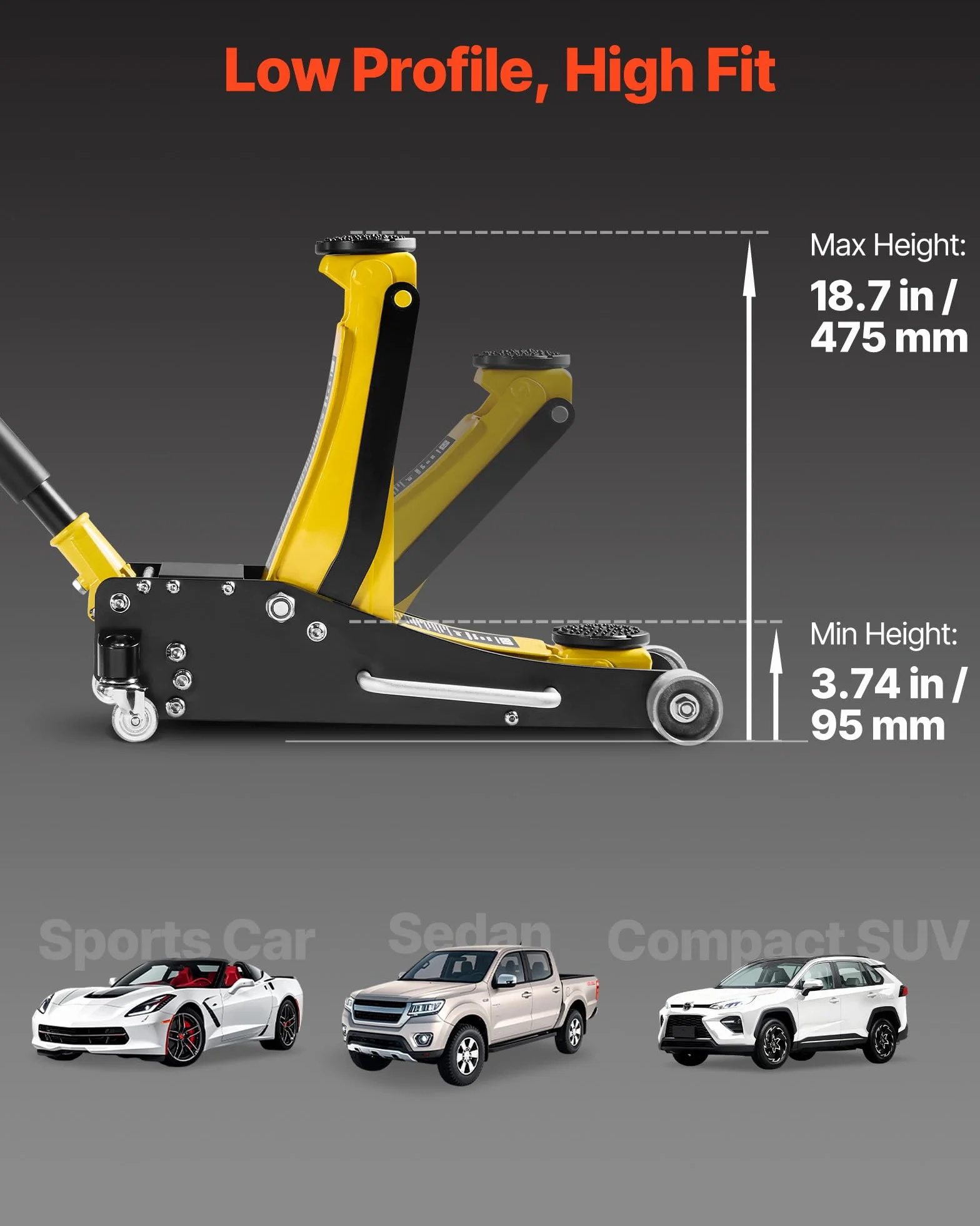 VEVOR Gato Hidráulico de Perfil Bajo Capacidad de 2,5 T, Gato de Acero para Coches, Bomba de Elevación Rápida de Pistón Doble, Rango de Elevación de 9,5 a 47,5 cm, para Automóviles, Vehículos