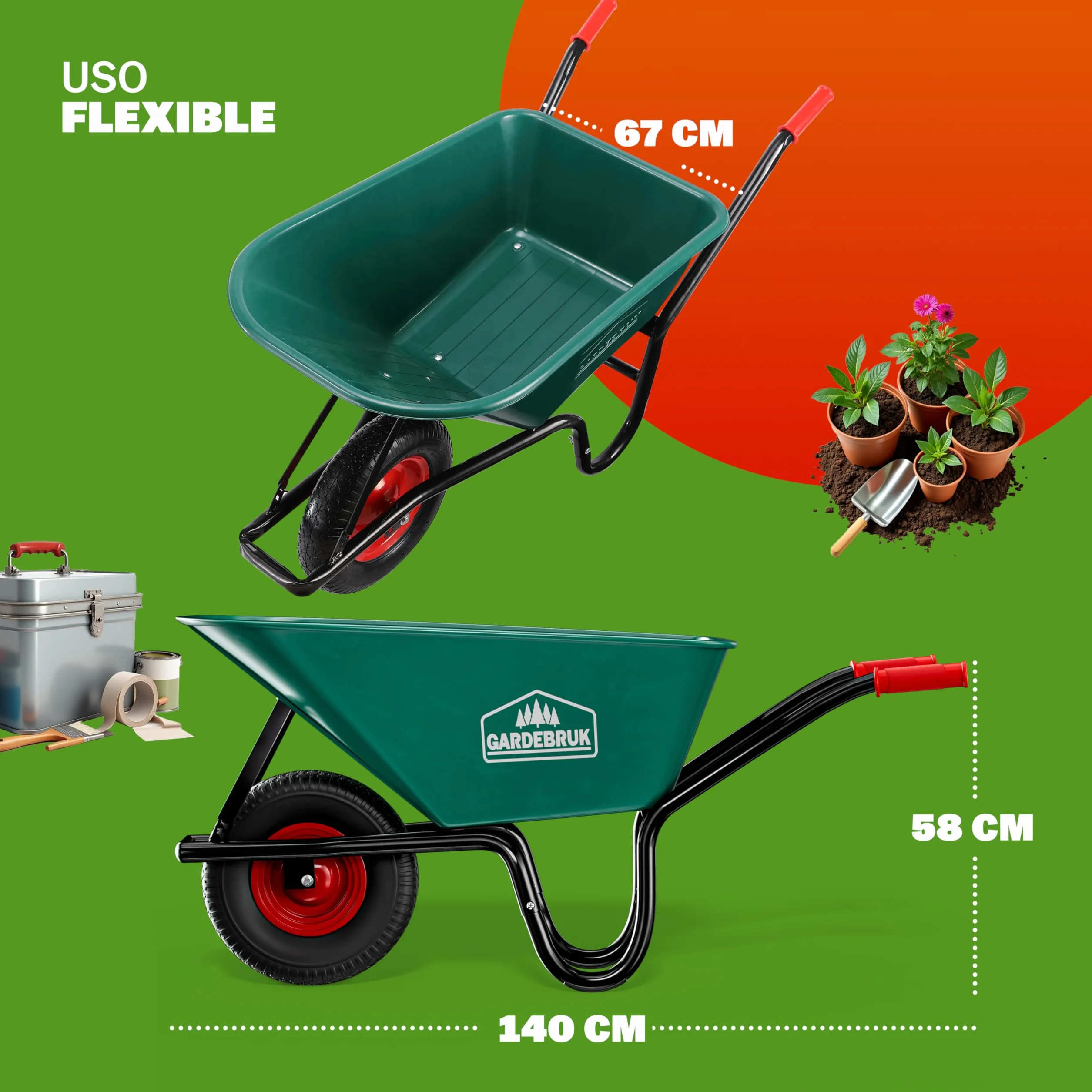 GARDEBRUK® Carretilla de Jardín 100L 250KG Llanta Acero Resistente Todoterreno