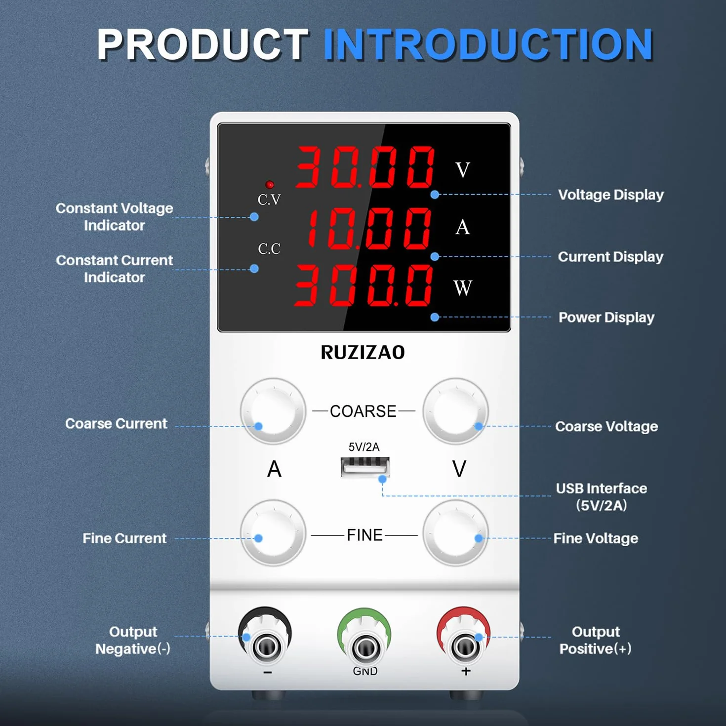 Fuente de Alimentación Regulable 30V 10A, Fuente de Alimentación de Laboratorio con Pantalla LED de 4 Dígitos y Puerto USB, Fuente de Alimentación de Banco Regulación Precisa y Salida Stable