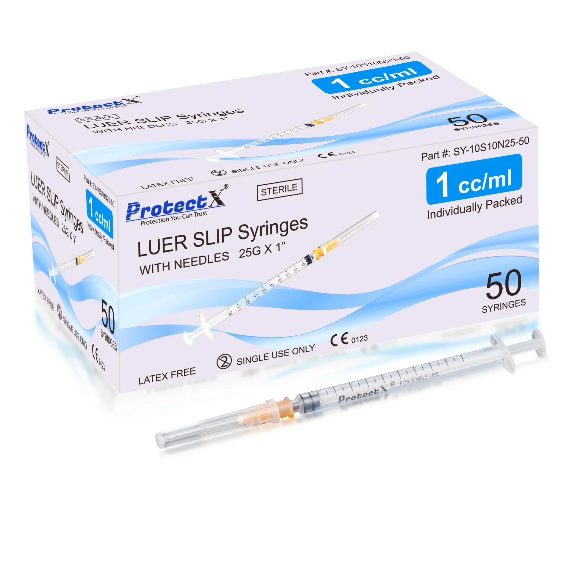 ProtectX Paquete de 50 jeringas desechables de 1 ml/cc con aguja de 25 g, jeringa desechable para laboratorios científicos, dispensación industrial de suministros para animales y mascotas, sellado