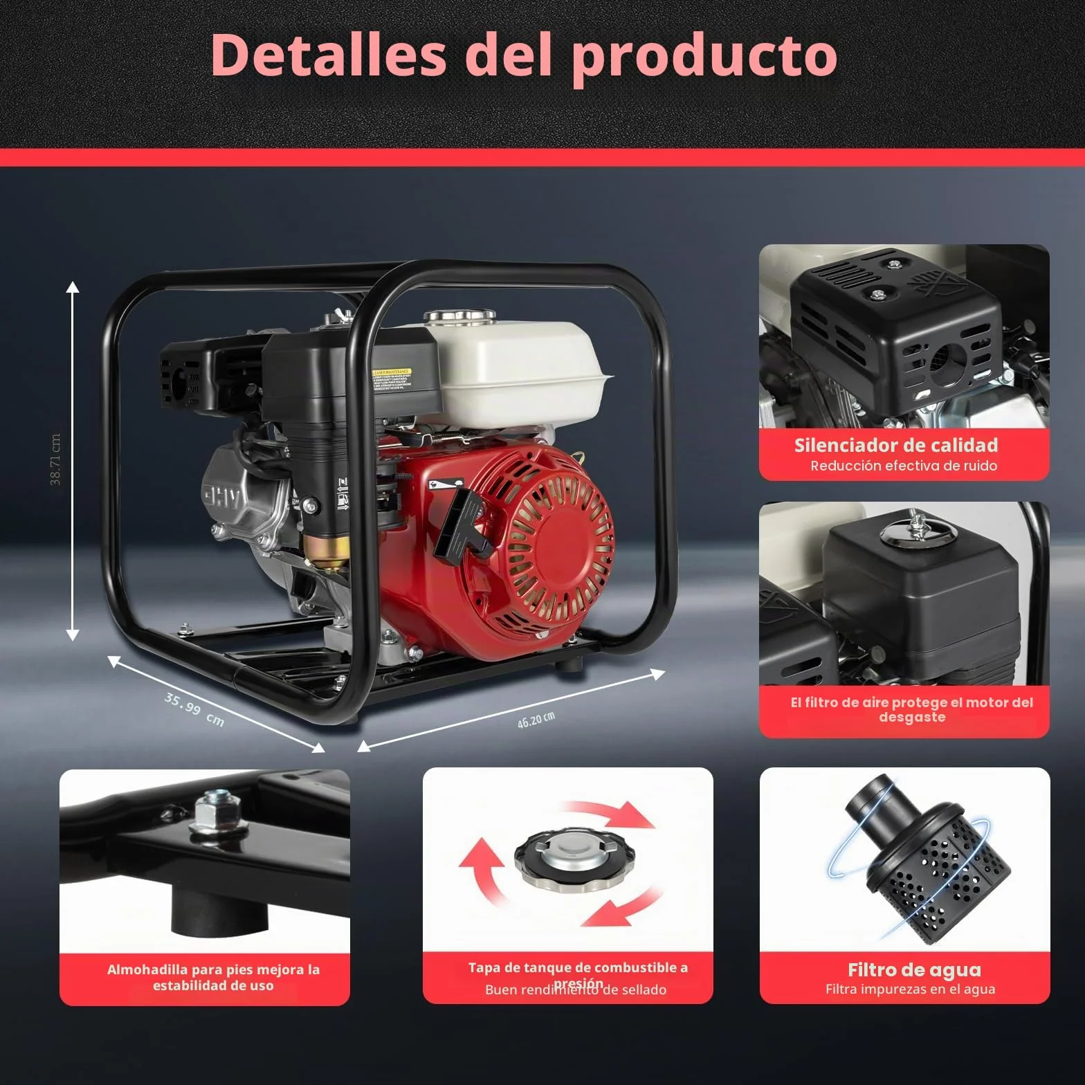 Bomba de agua gasolina 6,5 CV, motor de 4 tiempos 210 cc Motobomba de agua a gasolina, 4,8kW Bomba de jardín 2 pulgadas | Caudal 36 m³/h | elevación: 28 m | succión: 7 m | Riego, Drenaje