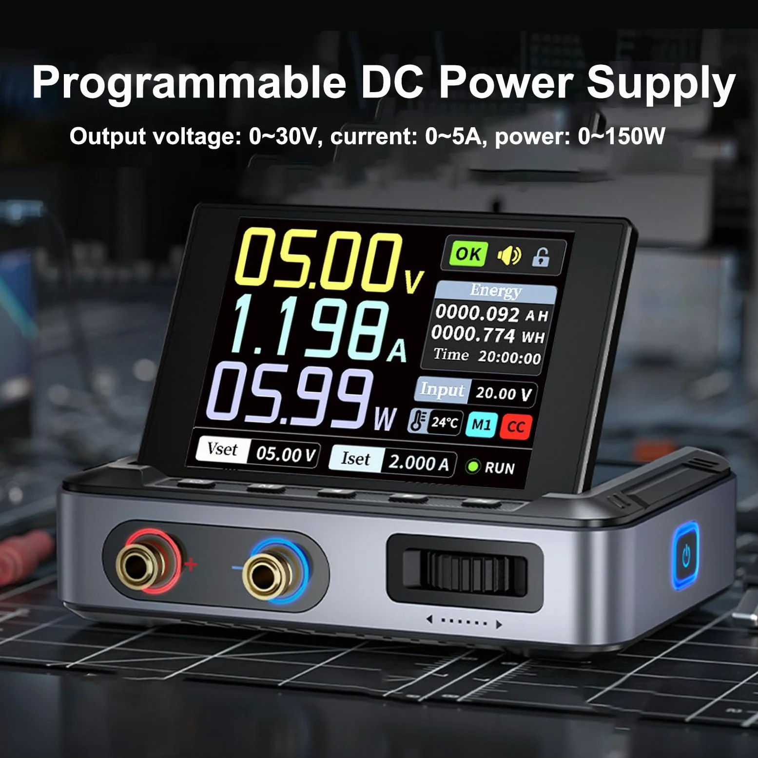 Cocoarm Fuente de Alimentación DC Portátil, 0-30V 0-5A 0-150W Fuente de Alimentación DC Programable Ajustable con Pantalla IPS de 2.8 Pulgadas, para Tareas de Mantenimiento y Depuración
