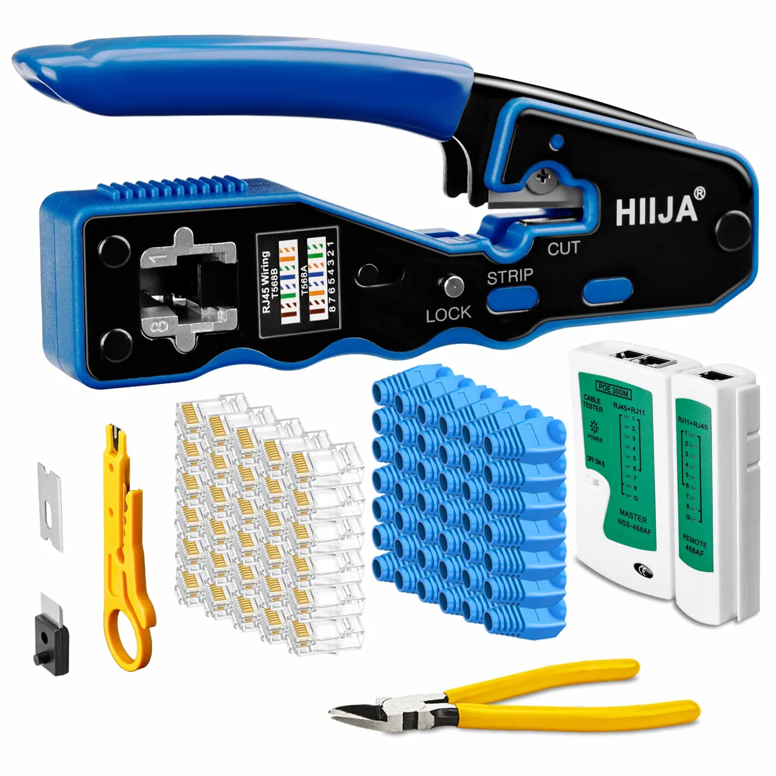Kit Crimpadora RJ45 Cat6 Cat5e Cat5 con Comprobador de Cable, Herramienta Ethernet 3 en 1 con Pelacables, 50 Conectores RJ45 Pasantes y Fundas