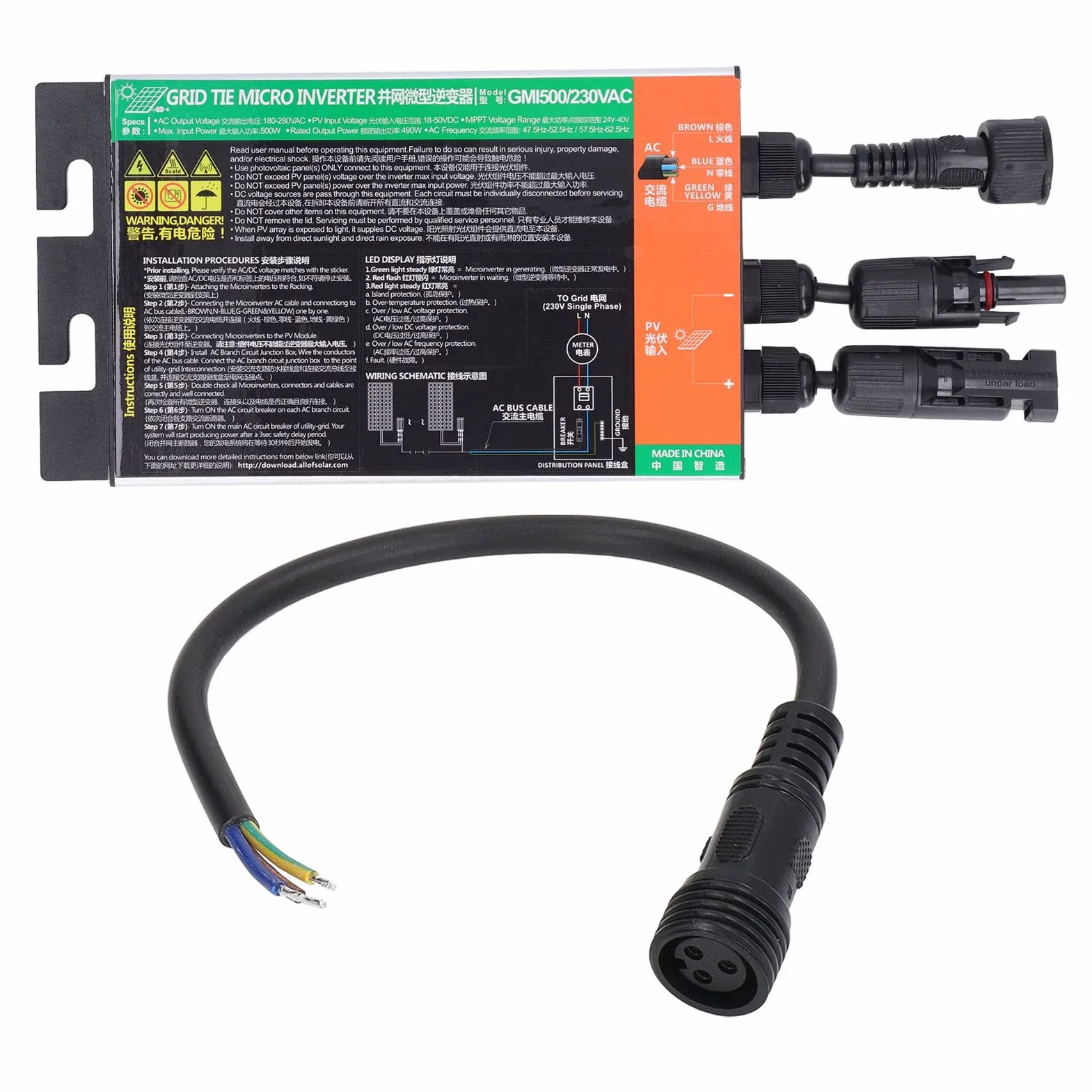 Microinversor Solar, Inversor de Onda Sinusoidal 500W 230V Conectado a la Red de 0,2 a 1,6 KW para Sistemas Solares Pequeños