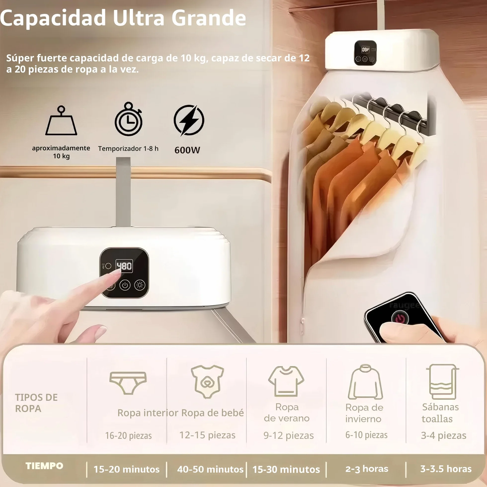 Secador eléctrico portátil 600 W mini bomba de calor con temporizador