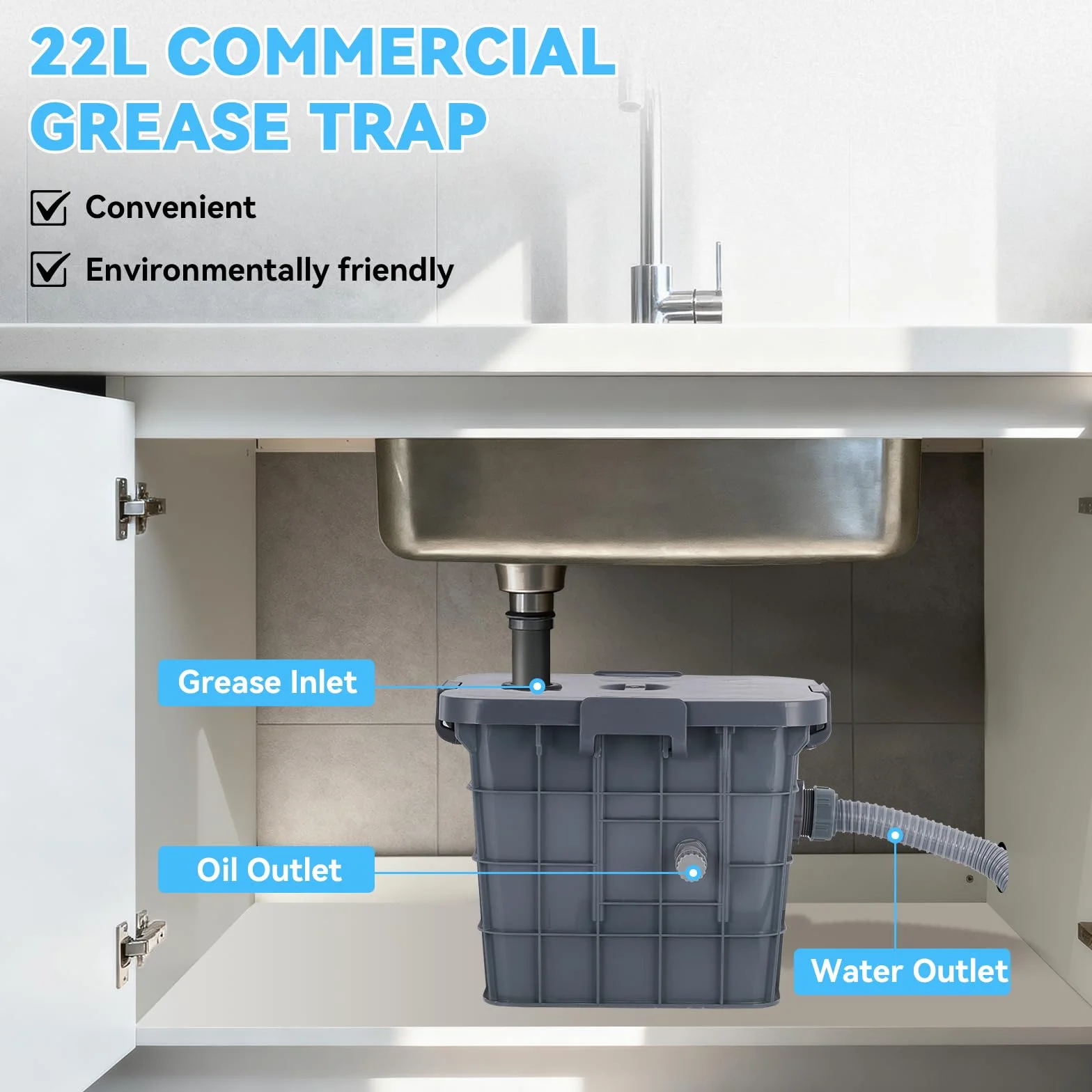YUCHENGTECH Trampa de grasa comercial de polipropileno de 22 L, separador de filtro de aceite de agua con 1 entrada superior para el hogar, restaurante, comedor, fregadero de cocina con deflectores
