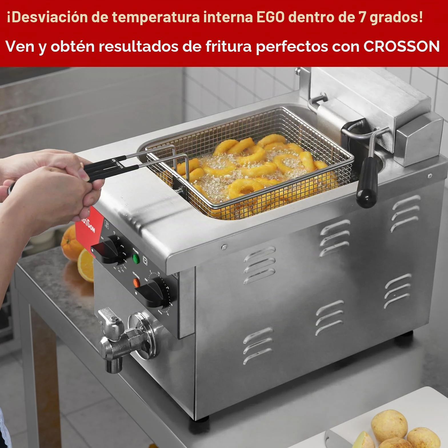CROSSON Freidora Eléctrica Comercial 8L,3250W Freidora Aceite Profesional de Acero Inoxidable con Sistema de Desagüe, Temperatura Ajustable,para Aros de Cebolla Pollo Papas Fritas