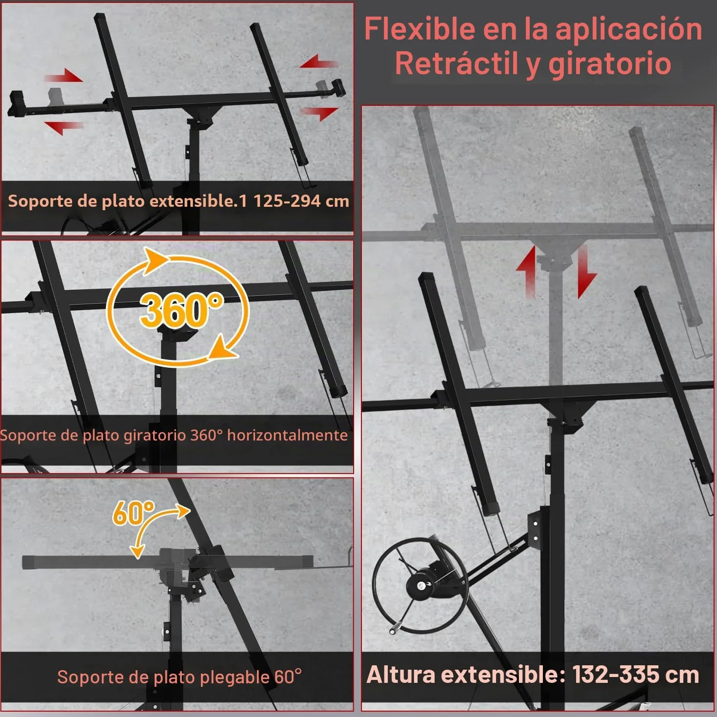 Ikodm - Elevador de placas plegable XXL para paneles de yeso, altura de trabajo ajustable de 132-335 cm, ancho máximo 294 cm, capacidad de carga 68 kg, 3 ruedas, negro