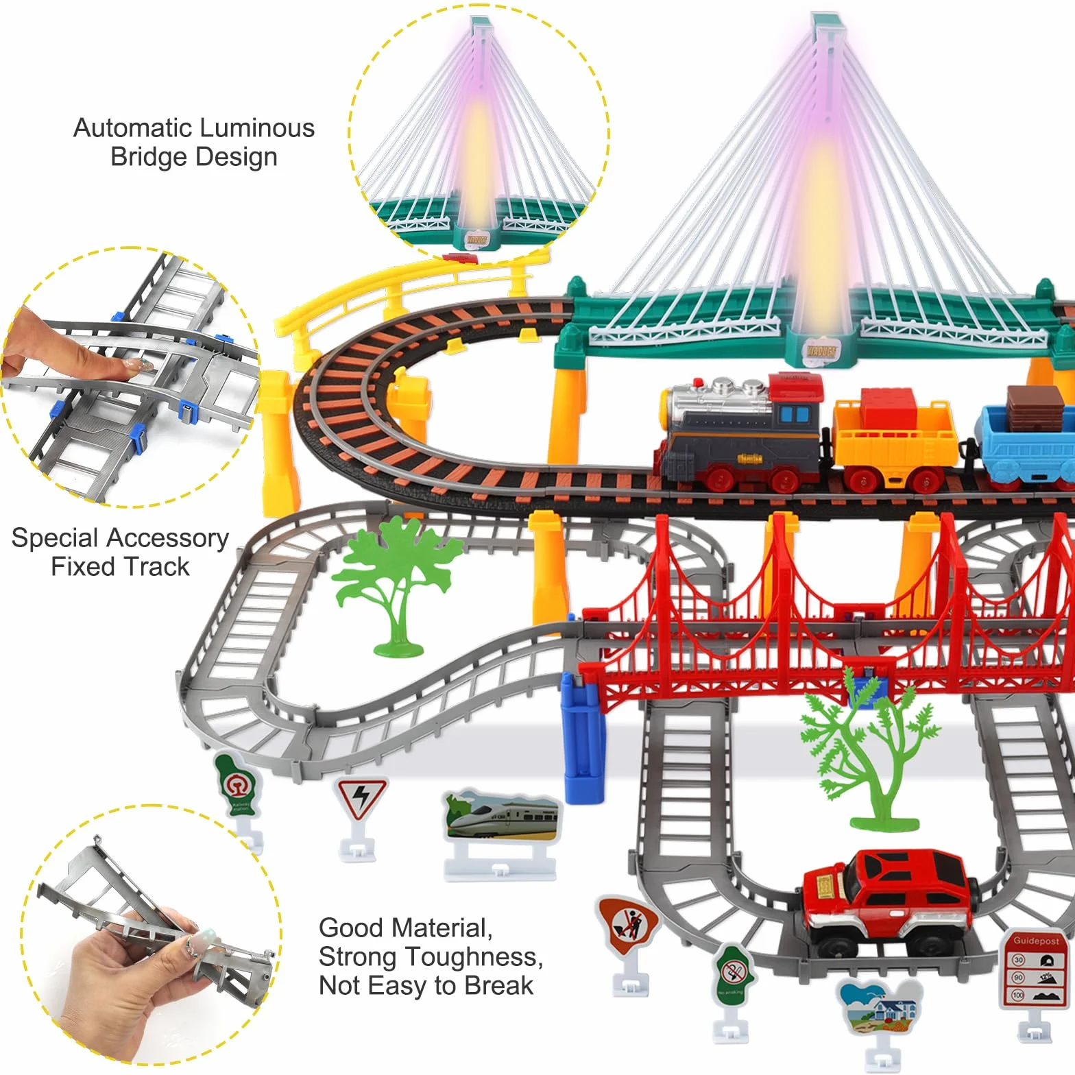 Juego de Tren para Niños 141 Piezas Tren Eléctrico con Rieles, Luces y Sonidos, Juguete de Pista para Coches, Regalo 3-8 Años