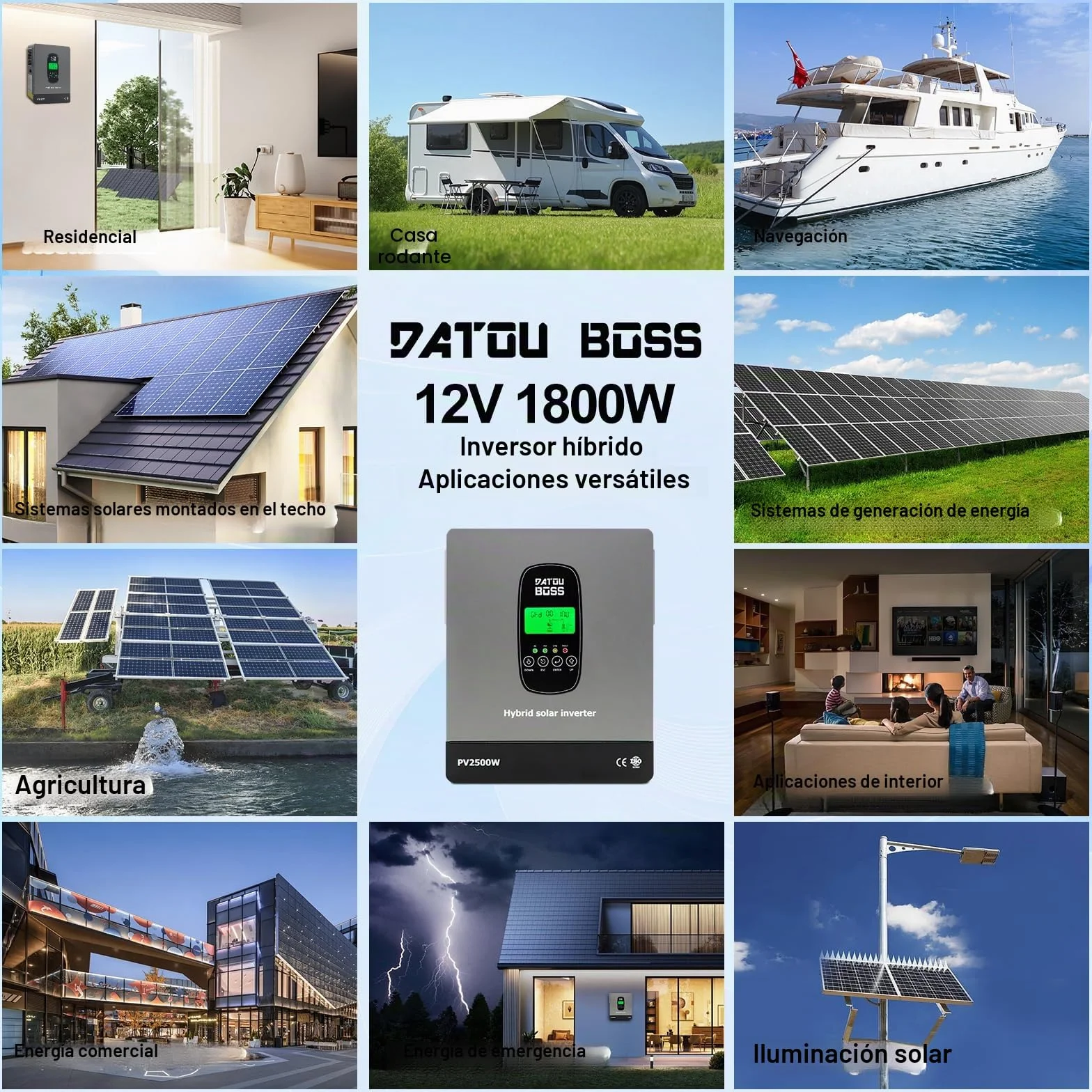 DATOUBOSS 1800W Inversor Solar Híbrido 12V, Onda Pura, Entrada fotovoltaica de 2500W,admite Funcionamiento sin batería, 100A MPPT,admite baterías de 12V.