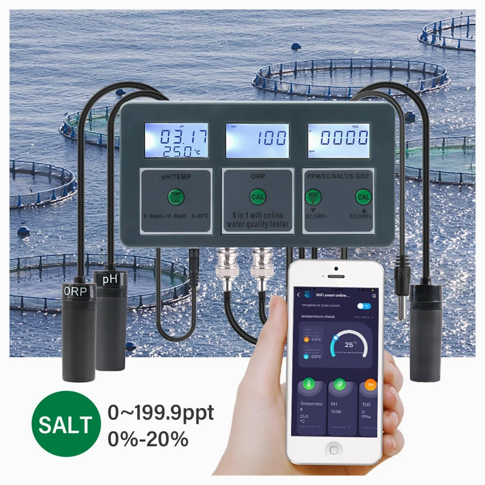 Medidor de PH Tuya Smart PH ORP TDS EC SALT S. G TEMP CF Monitor medidor en línea Probador de Calidad del Agua acuario controlador registrador datos(Meter)