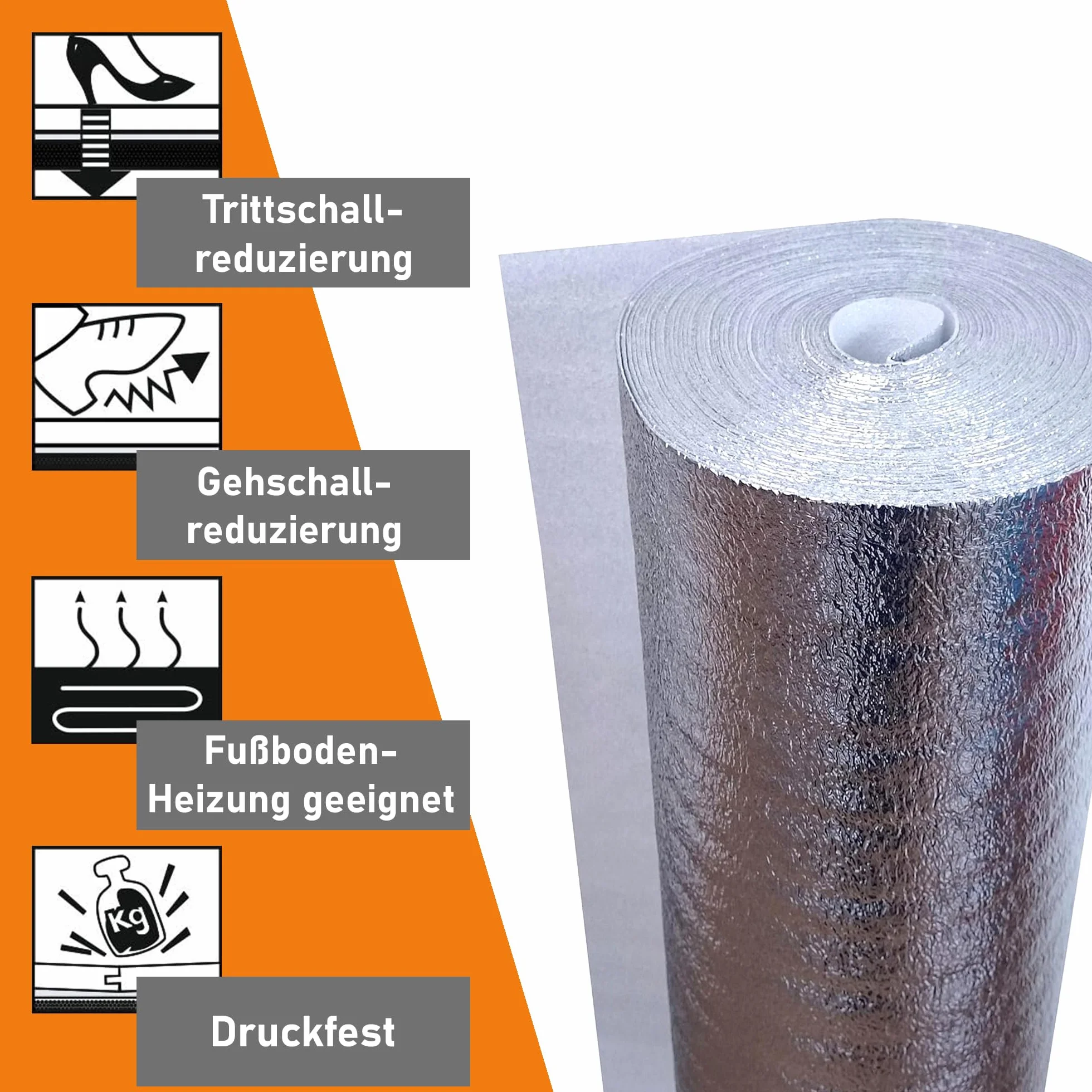 Aislamiento acústico de impacto uficell® ALU [100 m² - 4 rollos] - Espuma de PE con barrera de vapor de aluminio - Espesor: 2 mm - Aislamiento acústico de impacto y sonido de pasos