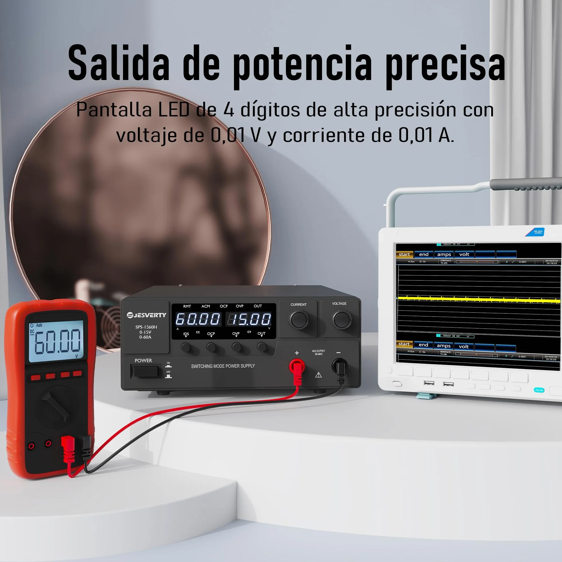 Fuente de Alimentación Regulable, 0-15V 0-60A Conmutación de CC regulada Fuente de alimentación de banco con mando codificador, interruptor de encendido/apagado de salida, OVP y OCP Jesverty SPS-1560H