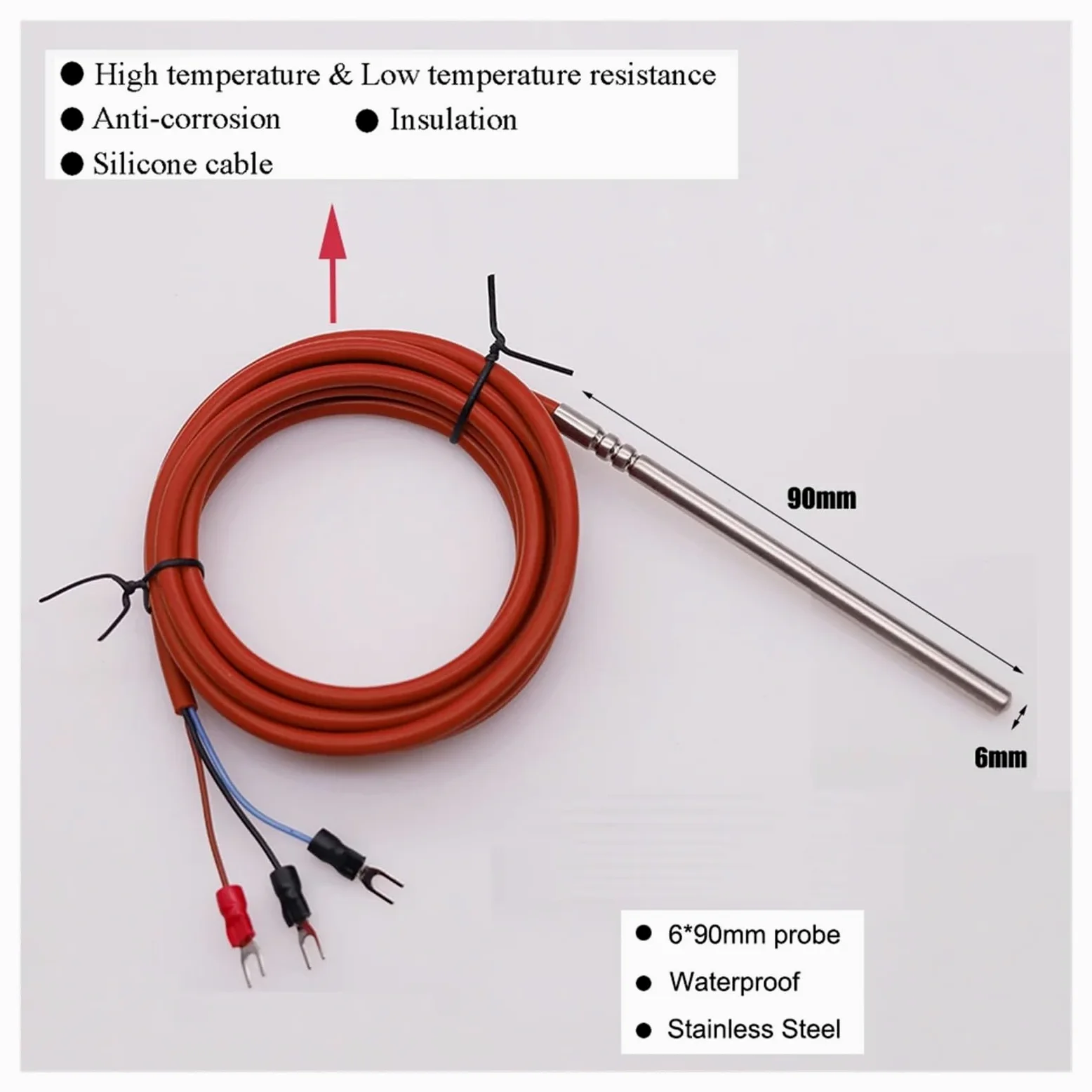 5 uds 6*90mm 3 cables tipo PT100 termopar sonda de temperatura impermeable Sensor alto con Cable silicona(With 1m cable)