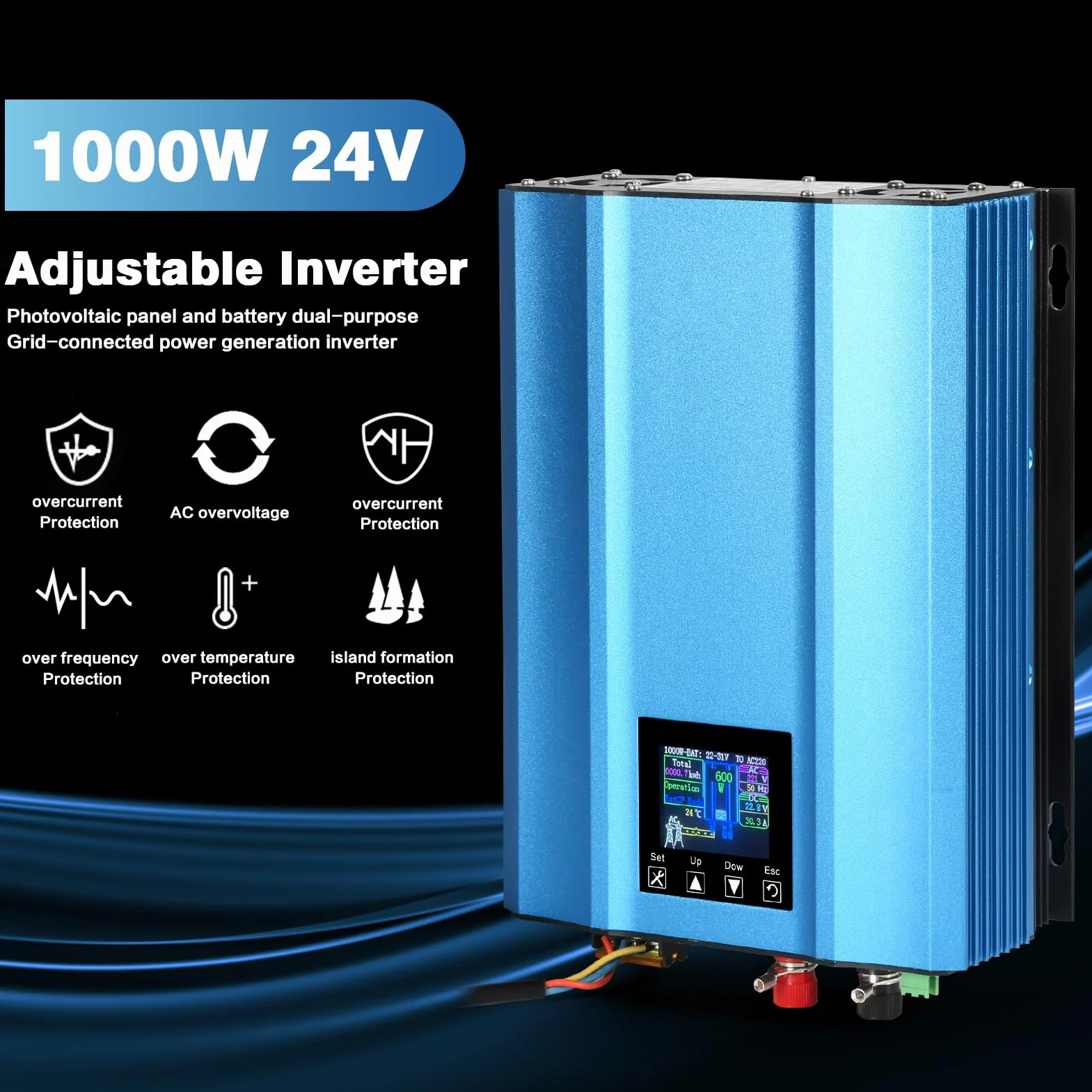 DEWIN Inversores Solares, Inversor Solar Inversor MPPT Grid Tie para Paneles solares fotovoltaicos 24V Descarga de batería Ajustable AC 220V 1000W