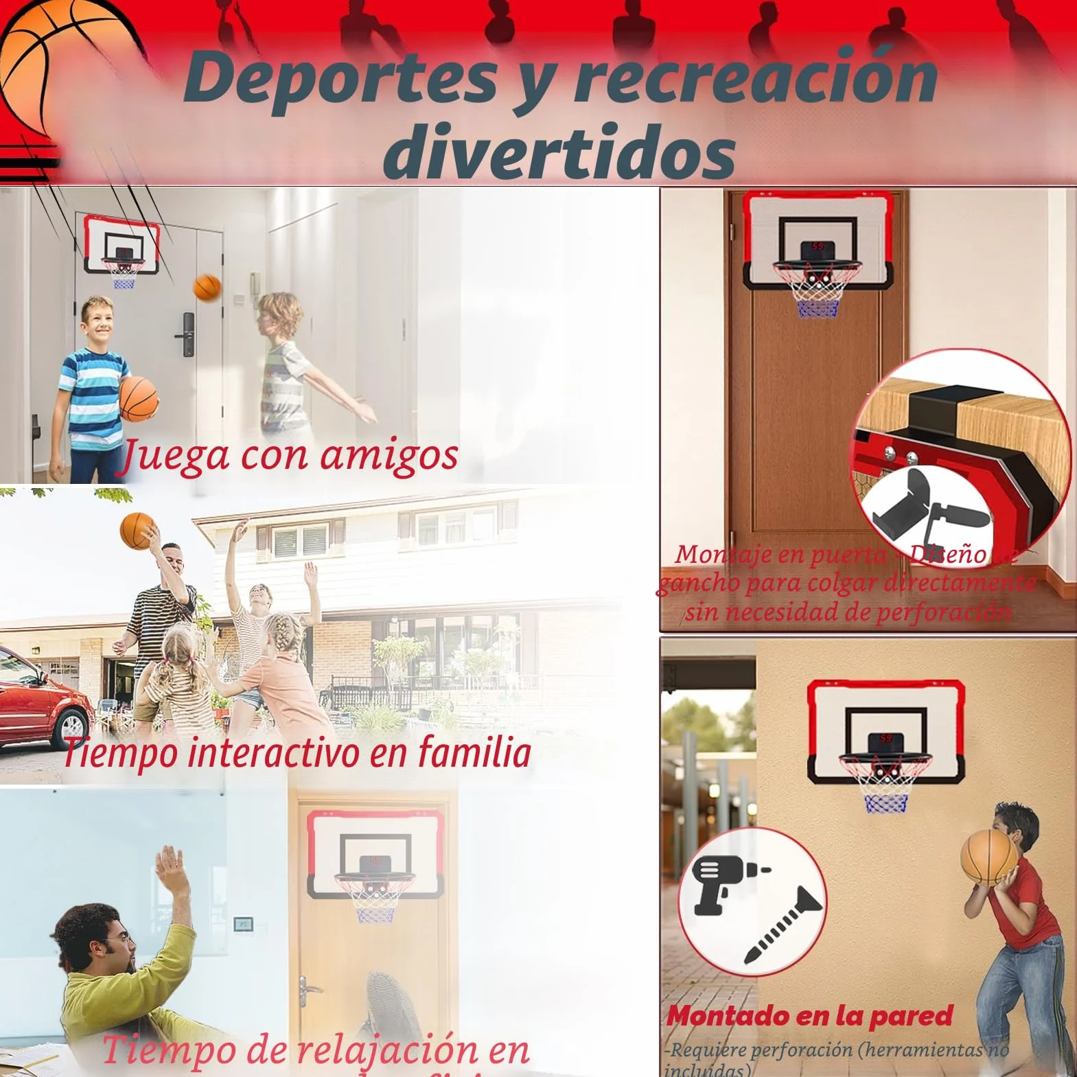TEUVO Canasta Baloncesto Infantil Mini con 4 Canastas Interior Exterior Regalo Niños Niñas