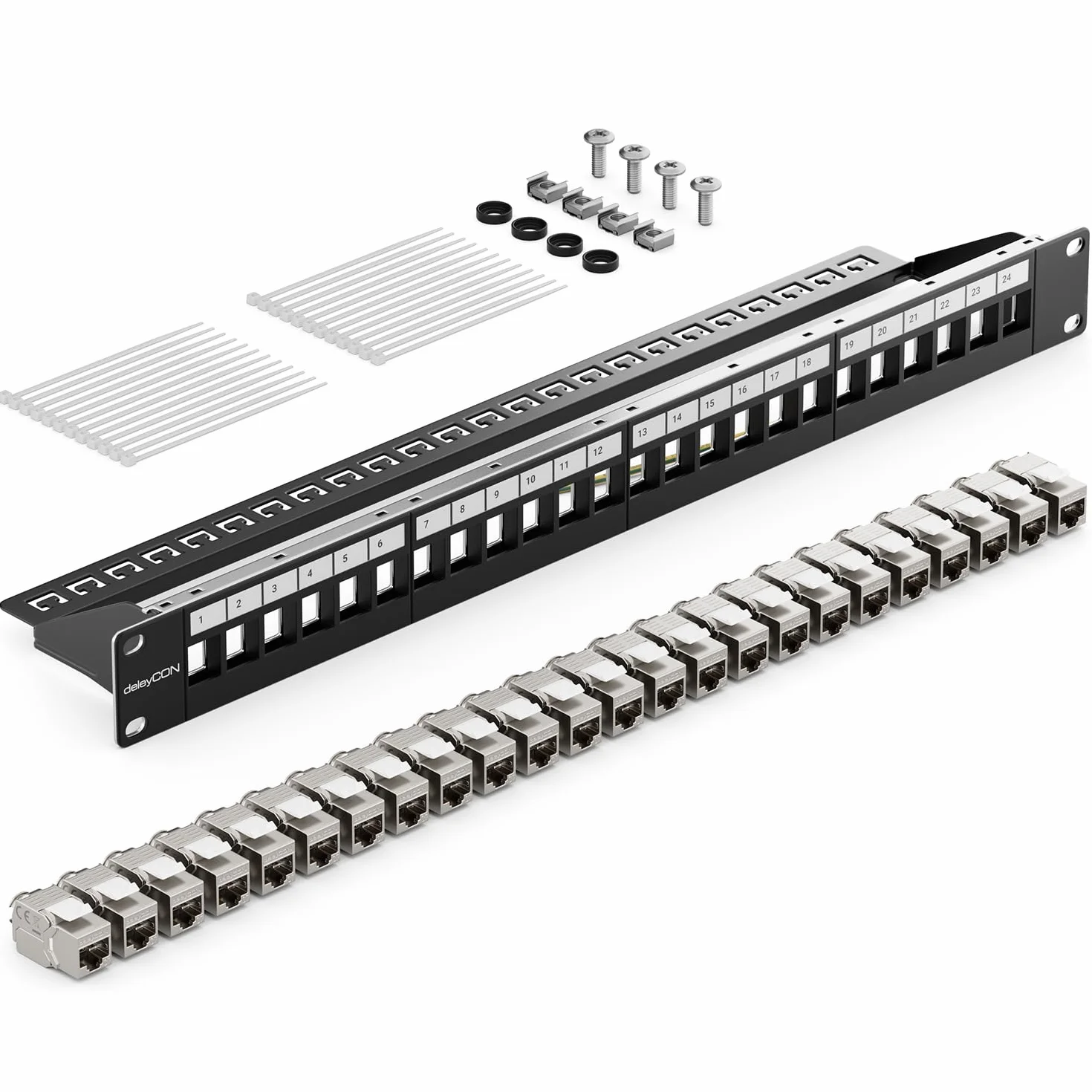 deleyCON 24 Puerto CAT7 Patchpanel SET Campo de Distribución Modular 1 HE 19" Pulgadas Instalación en Rack + 24 Módulos Keystone CAT 7 RJ45 LAN Red 10 Gbit/s 600 MHz Cables de Descarga Negro