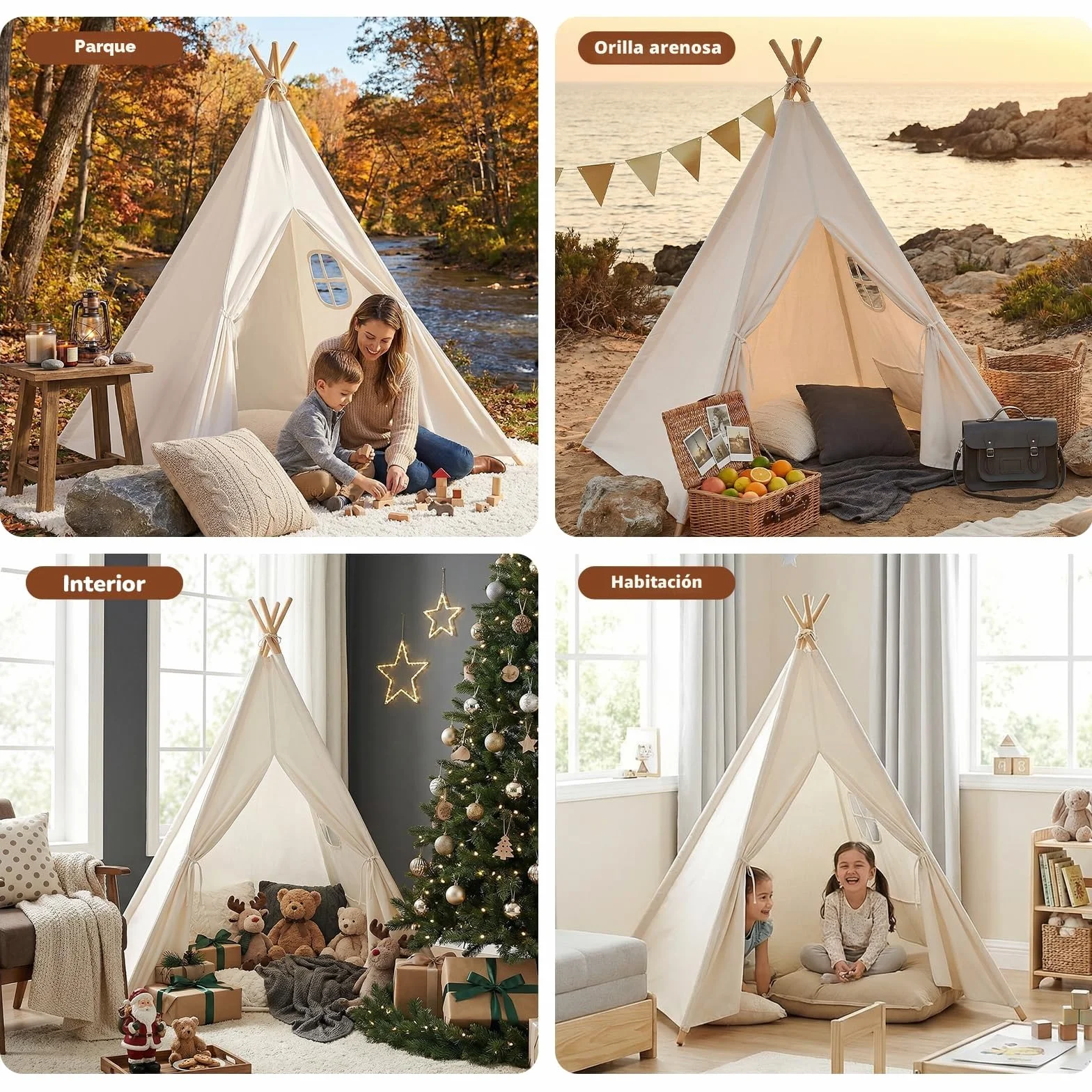Tipi Infantil Algodón Tienda de Campaña Interior Madera Portátil Cabañas para Niños Blanco Roto