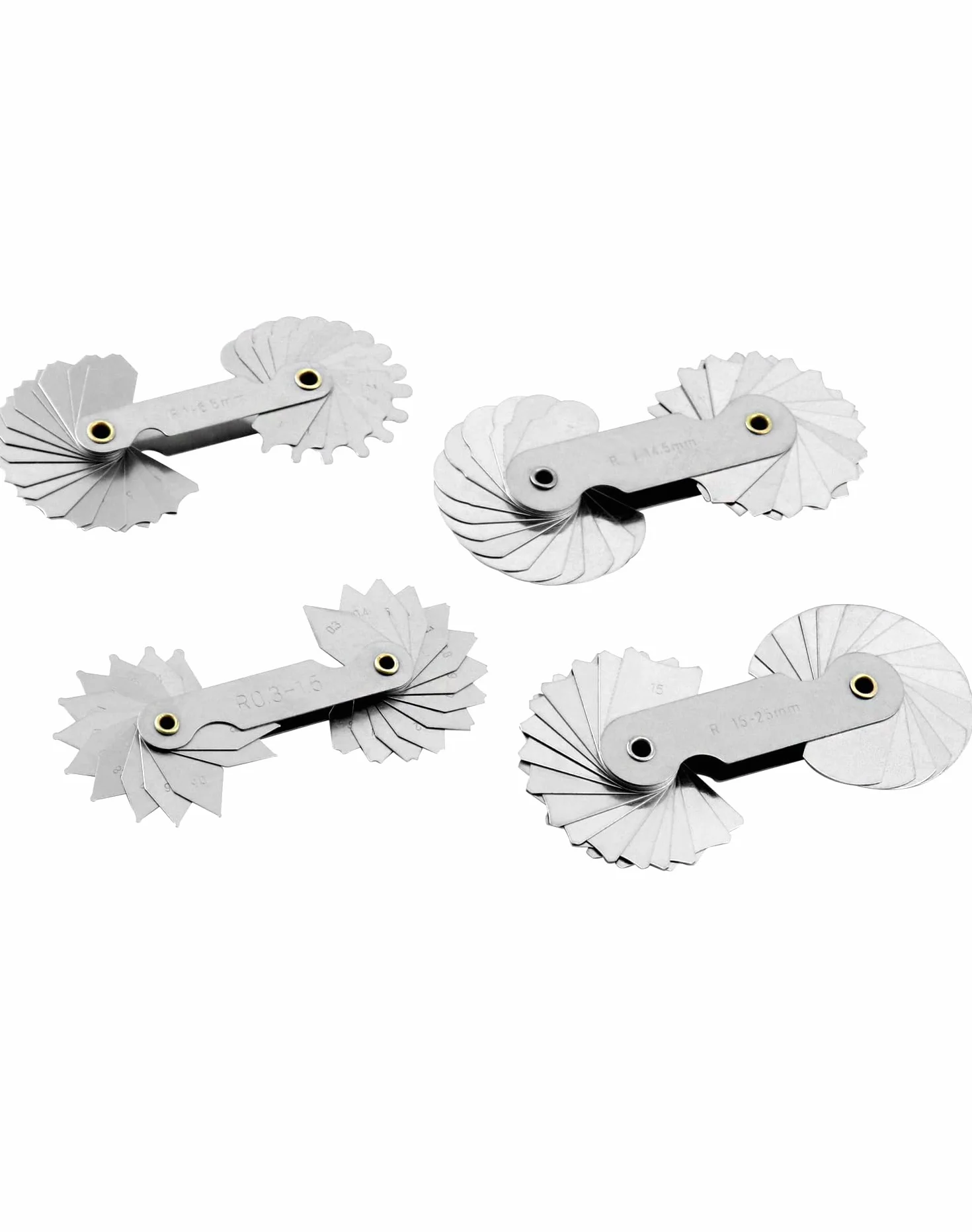 QWORK Medidor de filete acero inoxidable R0.3-1.5 R1-6.5 R7-14.5 R15-25 4 piezas