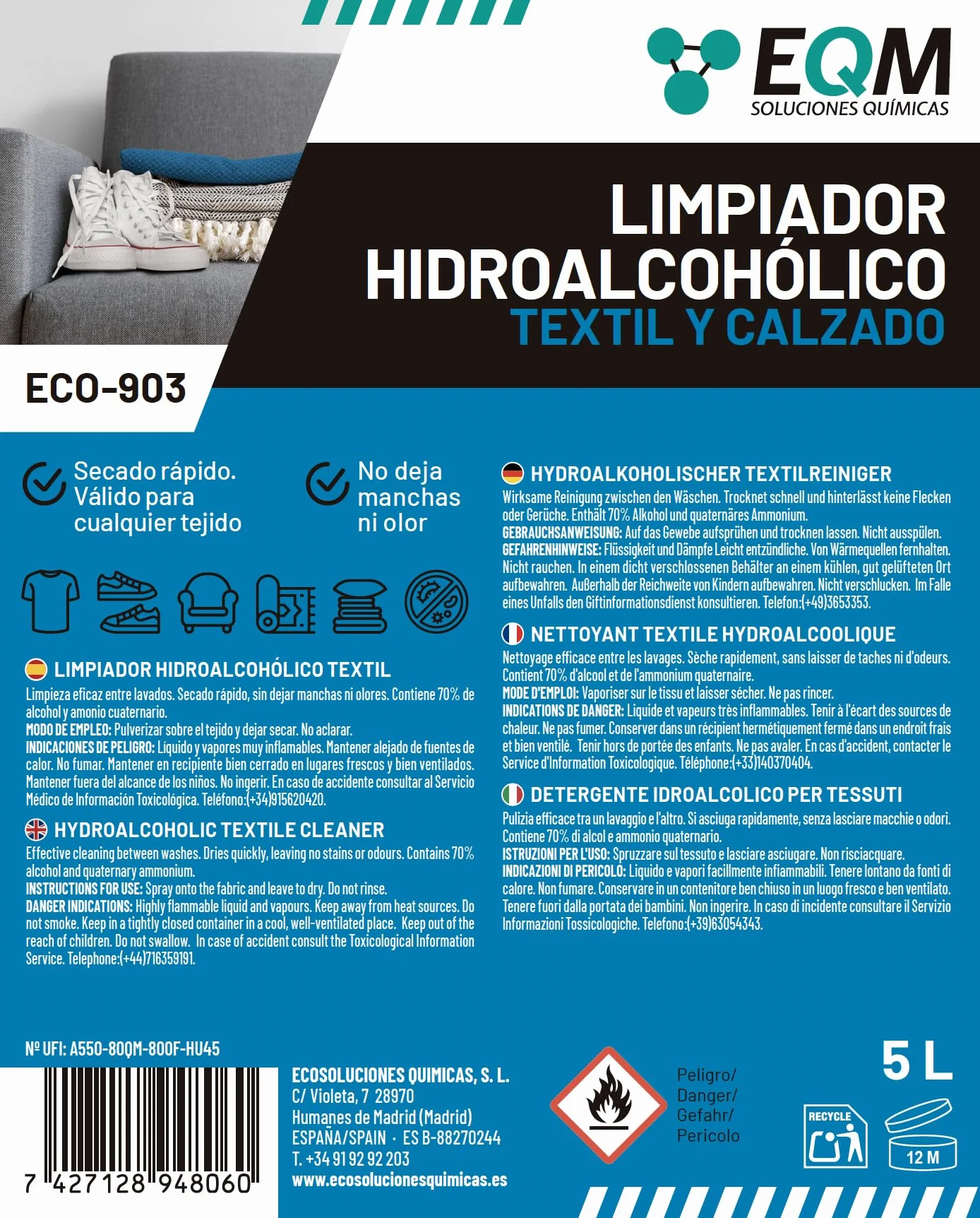 EQM ECO-903 Higienizante Textil Directa 5L Ropa Calzado Secado Rápido Acción Inmediata