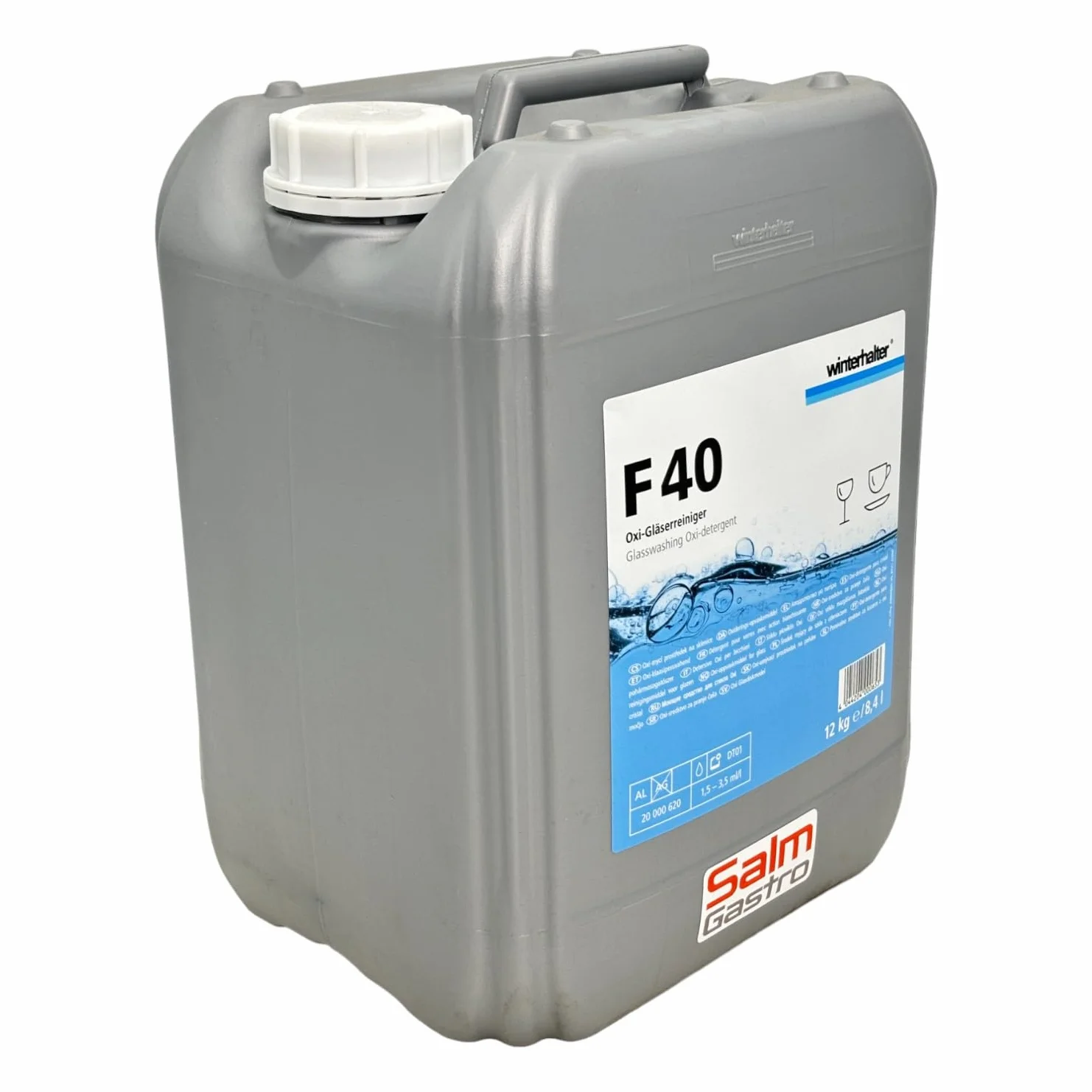 Winterhalter - Detergente líquido F40 para lavar cristal de 12Kg. Lavavajillas industriales. Lavado higiénico y brillante. 100% Biodegradables.