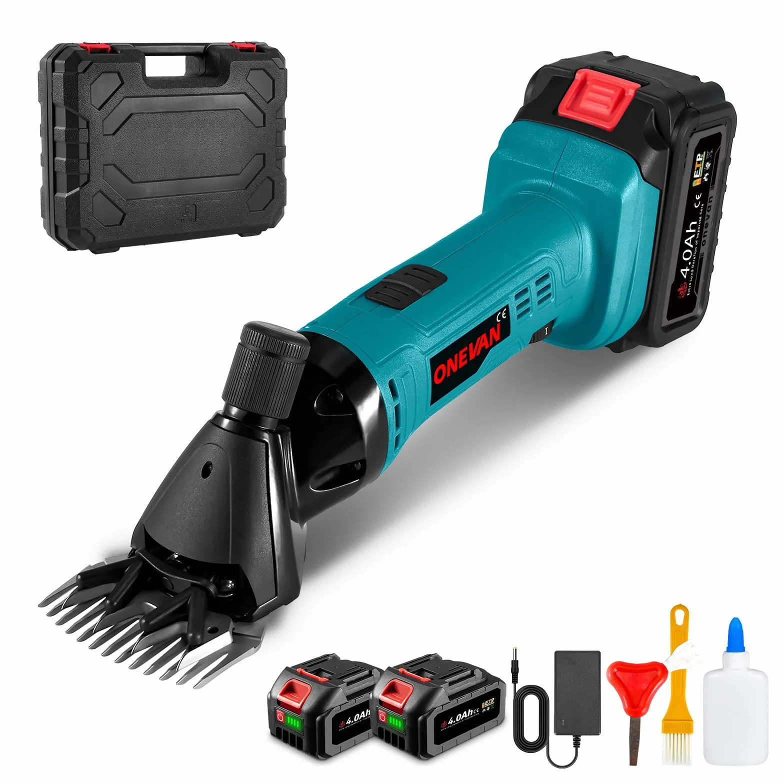 ONEVAN tijeras para ovejas inalámbricas, 200w portátil esquiladora de ovejas con batería de 2x4.0ah, 2400rpm, tijeras eléctricas para ovejas, cabras y alpacas, 6 velocidades, 13tooth