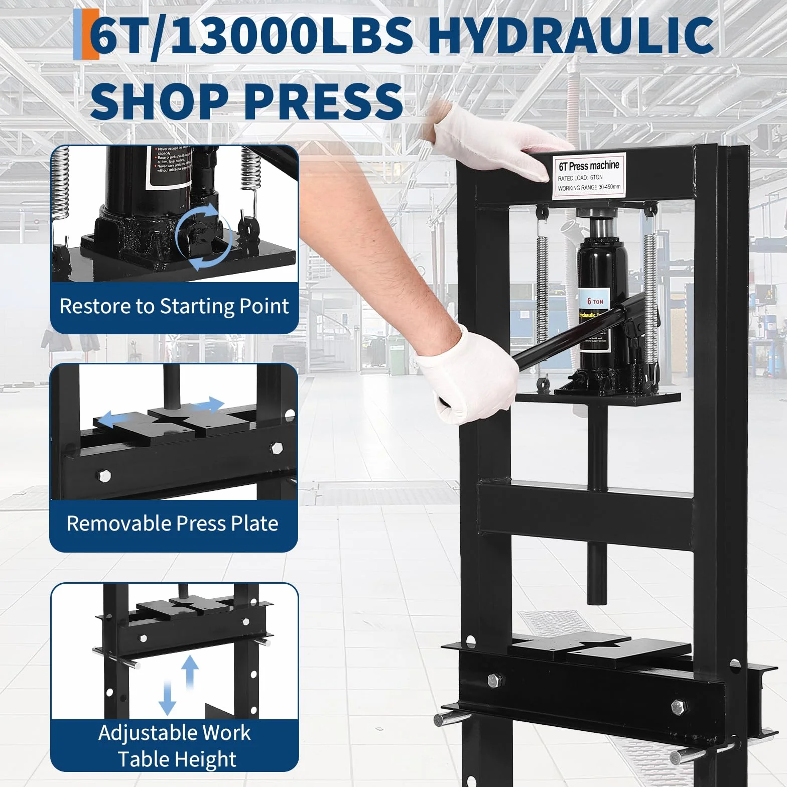 Garvee Prensa Hidráulica de Taller de 6 Toneladas, Prensa de Suelo con Estructura en H para Garaje, Mesa de Trabajo Ajustable con Placas de Prensa, Prensa de Banco Resistente para Doblado y Estampado