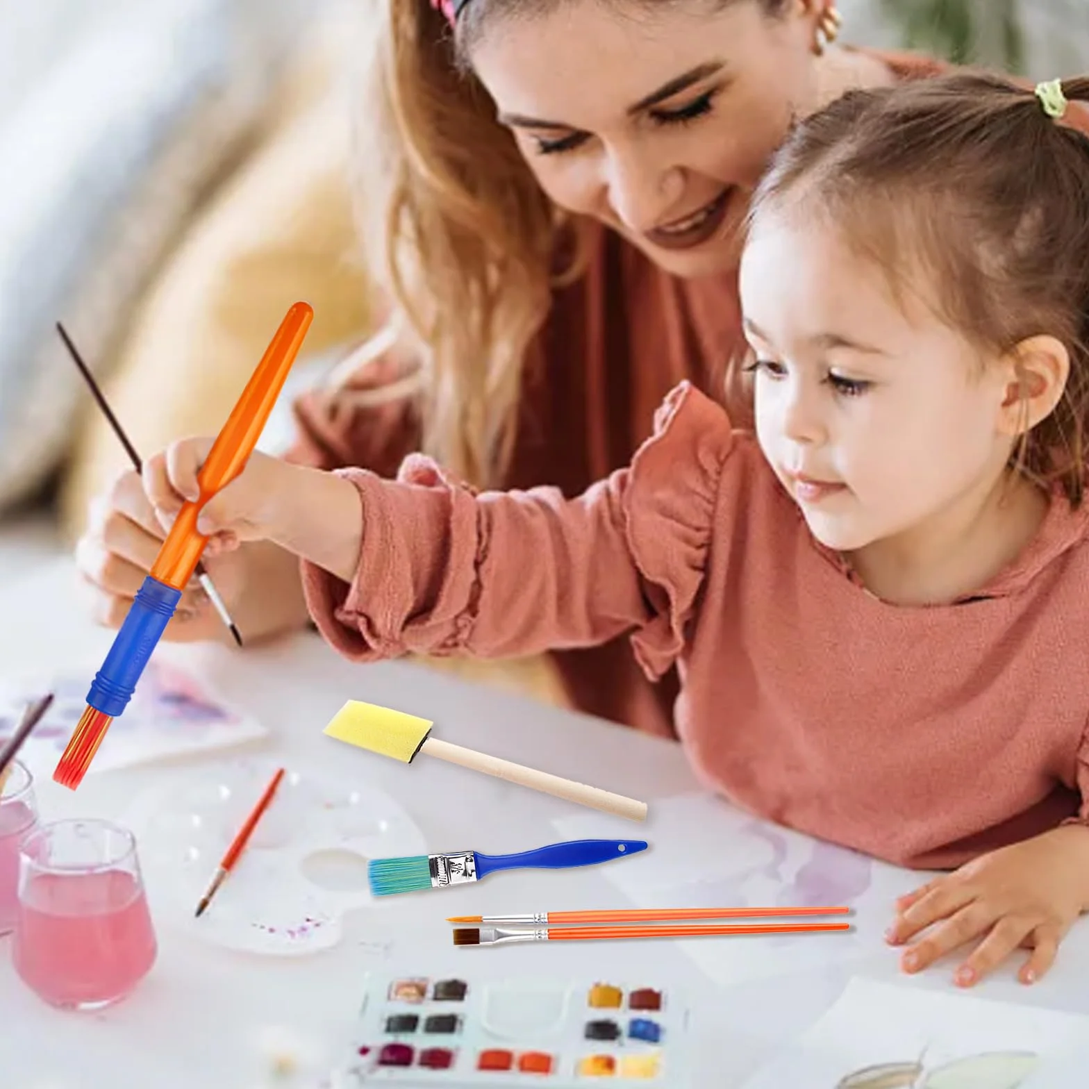 30 Piezas Pinceles para Pintura Niños con Paleta, Cerdas Redondas y Planas