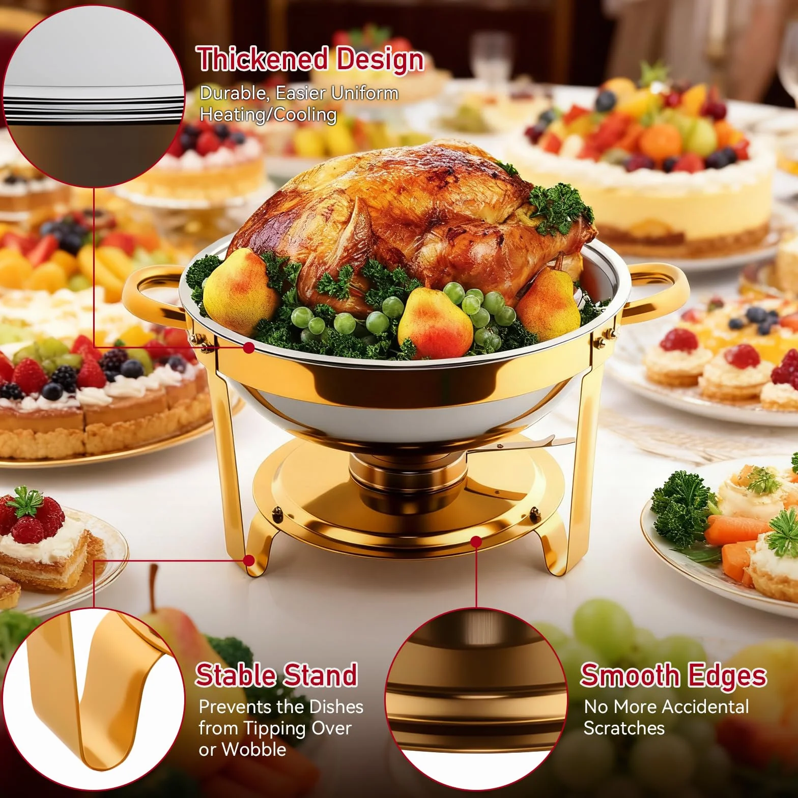 Calentadores de Comida para Buffet Acero Inoxidable 4PCS Chafing Dish 5QT Redondo con Portatapas