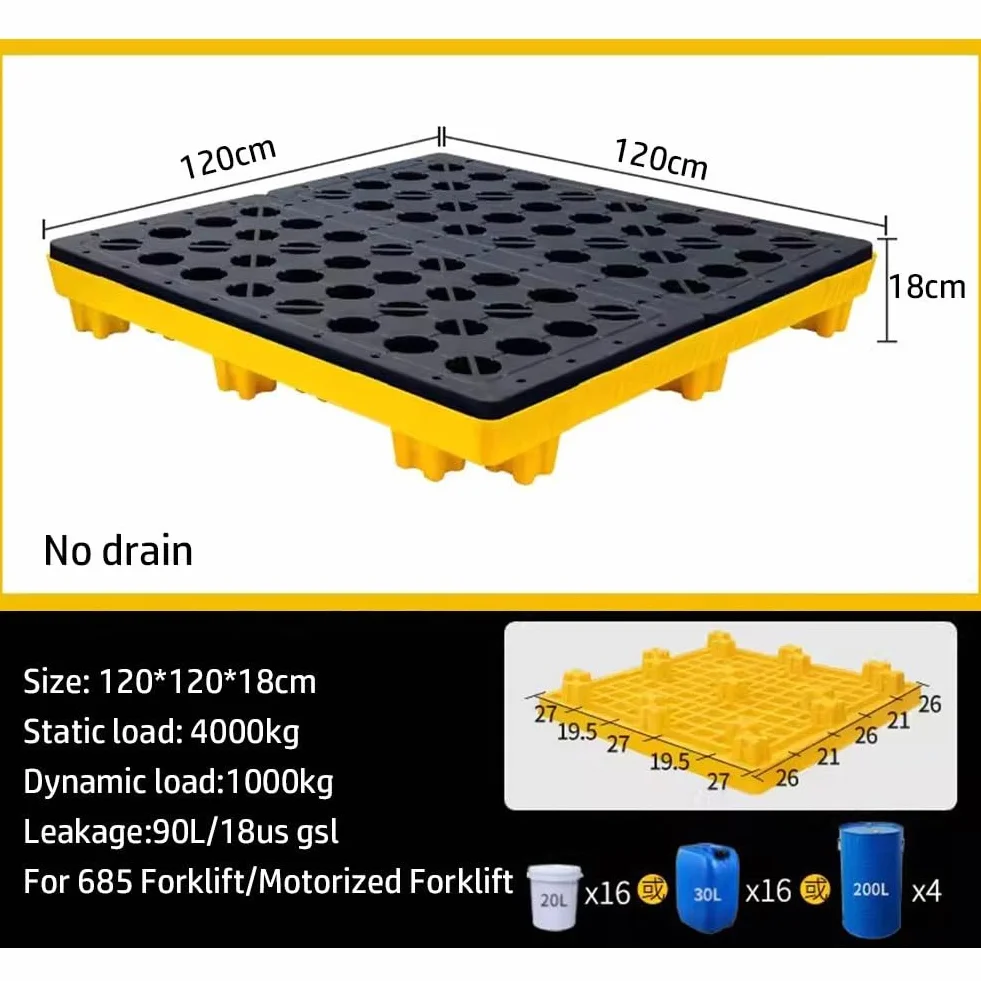 Paleta modular de contención de derrames, plataforma de contención de derrames de tambor, paleta de plástico a prueba de fugas (120 x 120 x 18 cm)