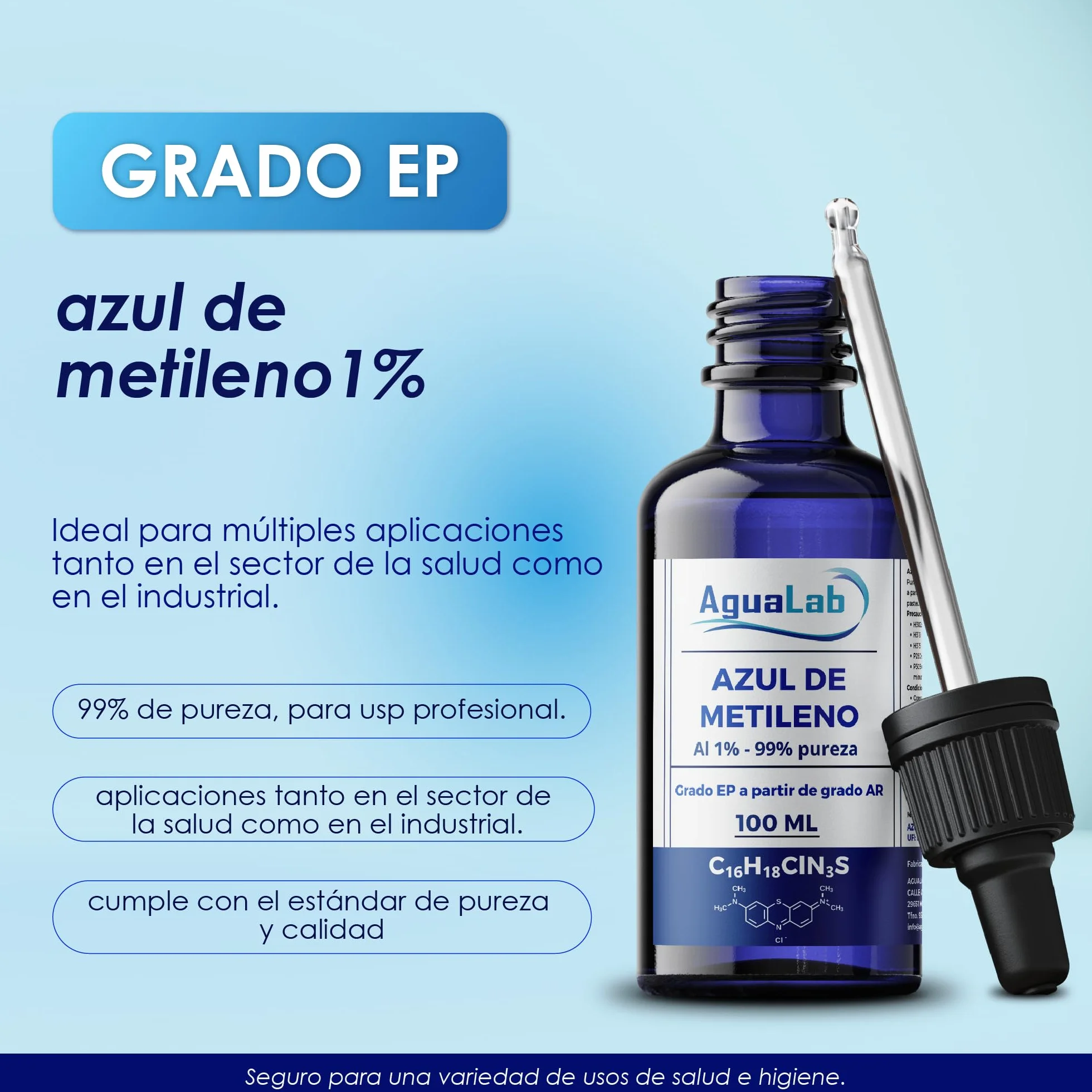 Solución de Azul de Metileno 1% EP-USP 99% 100 ml Grado Farmacéutico Vidrio Azul Protector UV con Gotero