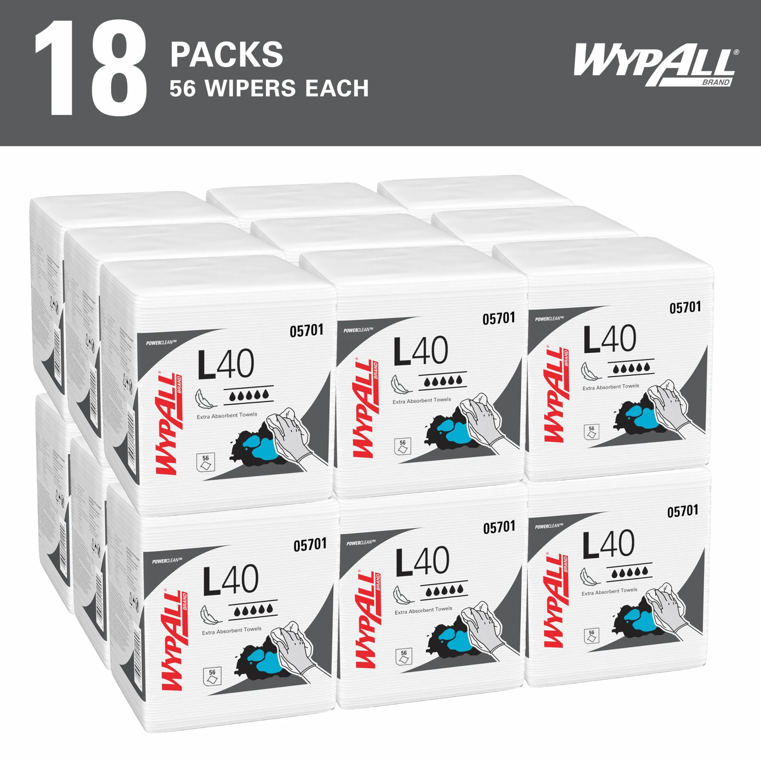 WypAll L40 Paños de Limpieza Industriales 7471, 1 Capa, Extra Absorbentes, Resistentes y Desechables, Uso Profesional y General, Pack de 18 x 56 Hojas (1.008 Total)