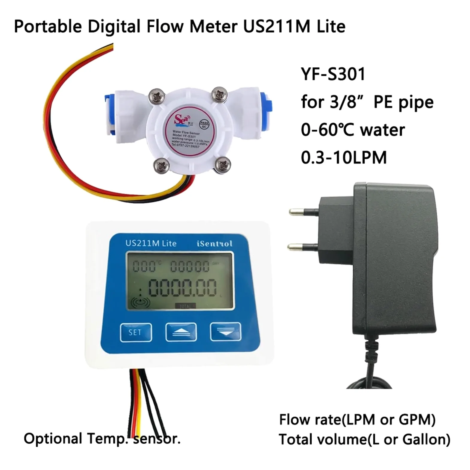 Medidor de Flujo Digital portátil y Sensor de Flujo de Agua de turbina Barato YF-S301 0.3-10LPM Agua fría 60 Grados(Whole Set)