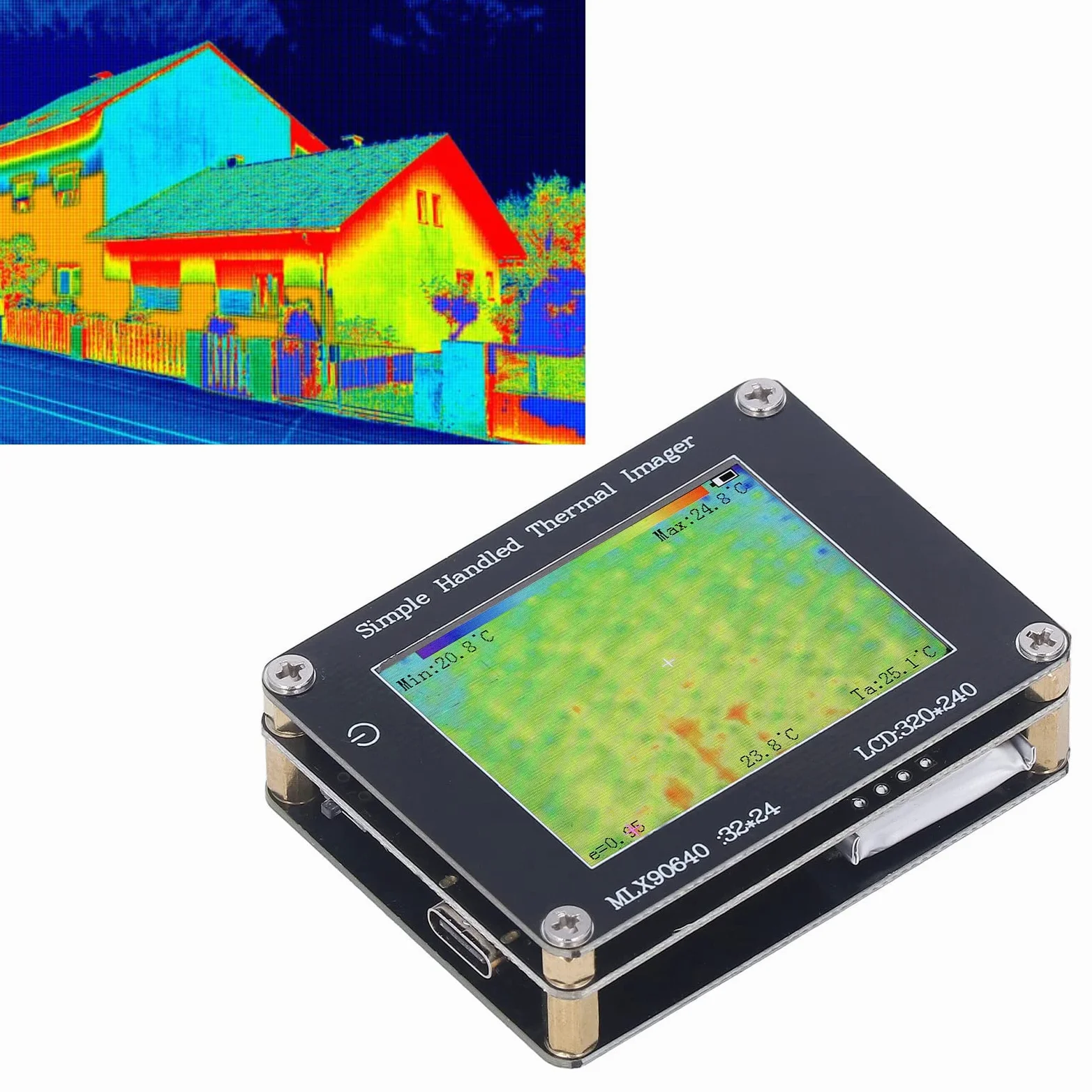 Cámara de Imágenes Térmica Infrarroja Portátil,Pantalla LCD de 2 Pulgadas 320 * 240,Rango Medición -40℃ 300℃,Baterí 4H,Carga USB C,Almacena 100 Imágenes,Para Medición