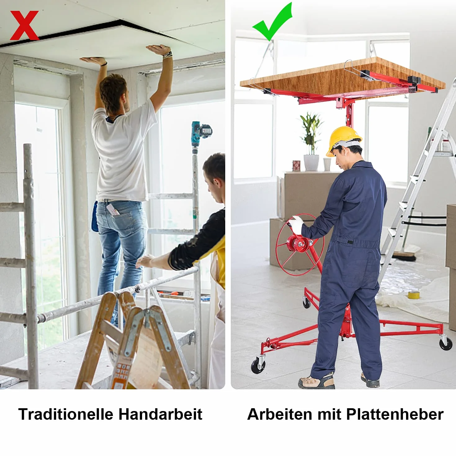 Herrselsam - Elevador de placas plegable XXL, 140 cm-350 cm de altura de trabajo, ajustable en altura, 68 kg de carga máxima, 290 cm de brazo de carga para placas de yeso