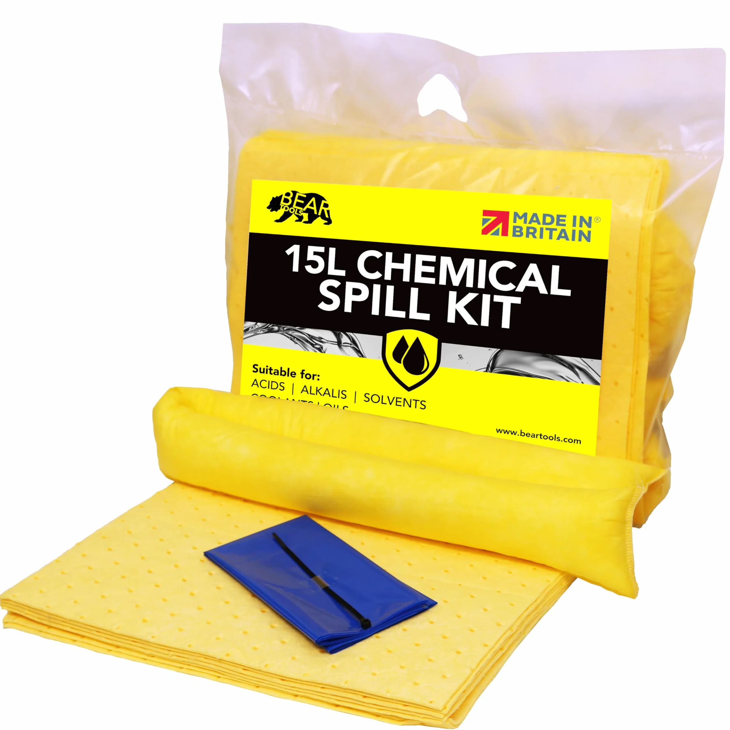 Kit de derrames de 15 litros (15 L) uso amarillo en derrames que involucran productos químicos ácidos agresivos álcalis exterior/uso interior