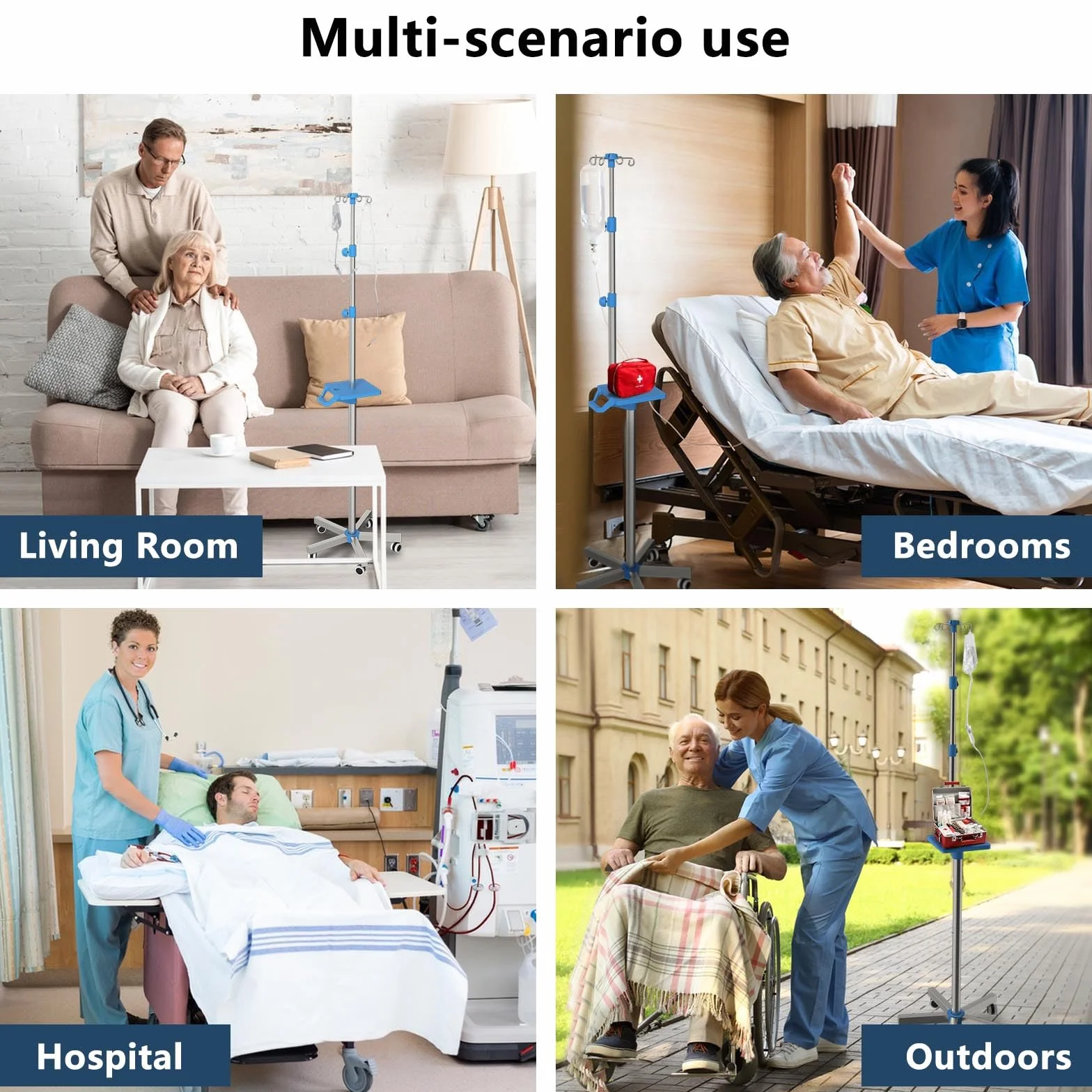 Moricher Soporte Rolling IV con bandeja, soporte de acero inoxidable IV con 4 ganchos, ruedas y construcción de altura ajustable para clínicas y hogares