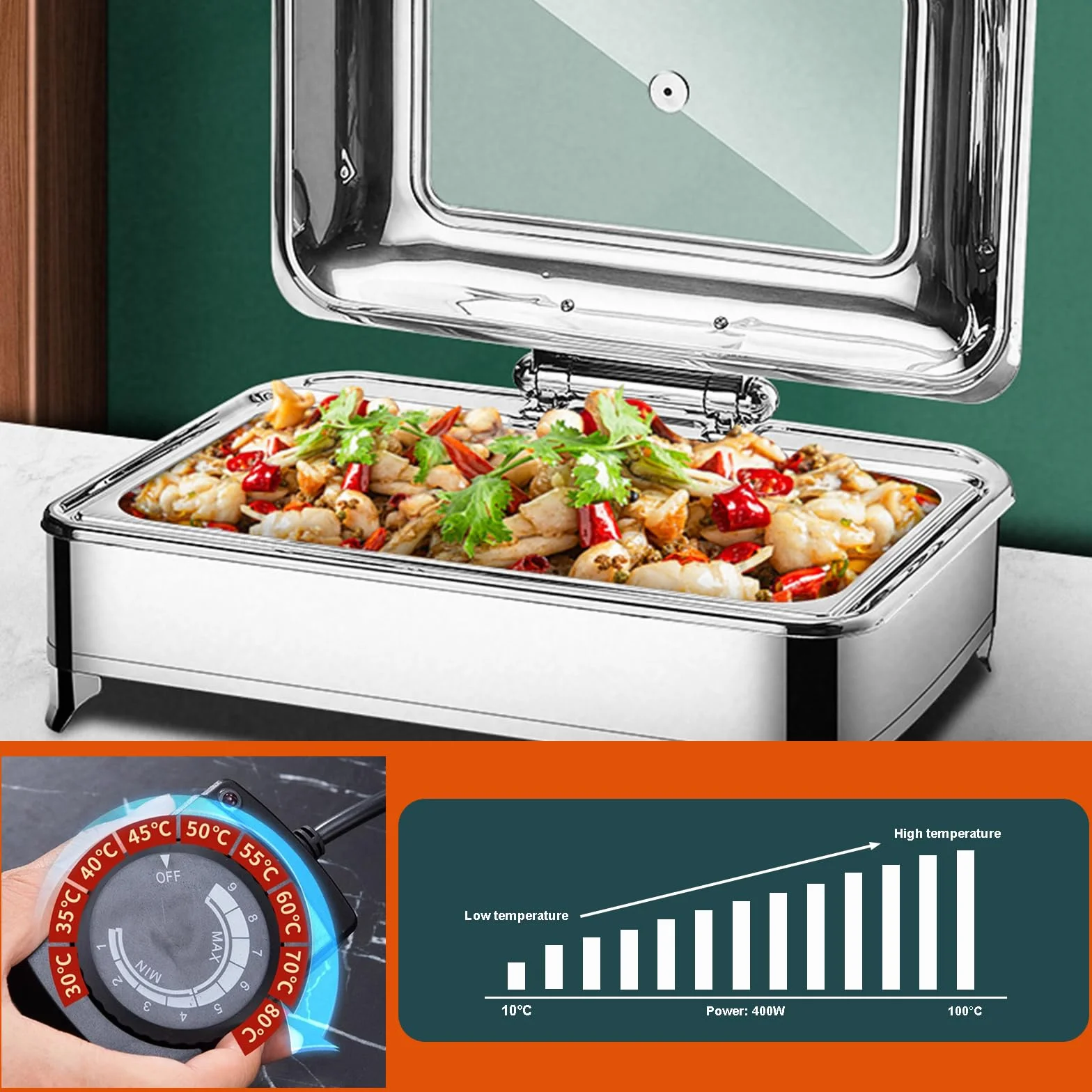 Chafing Dish Eléctrico 9L Profesional Calentador de Comida Buffet Acero Inoxidable Temperatura Ajustable
