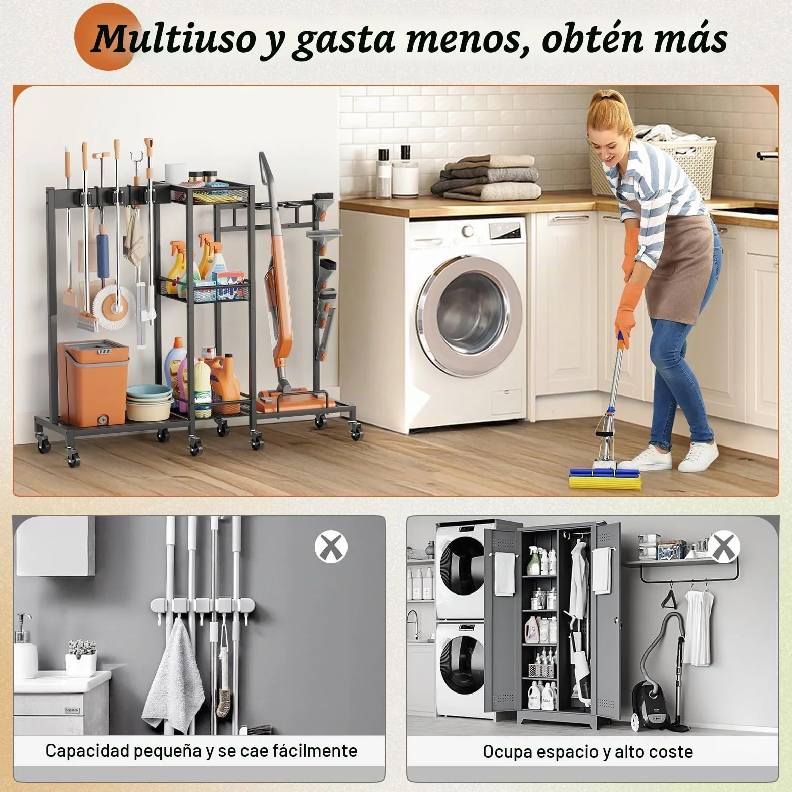 Bikoney Carro de Limpieza con Ruedas y Soporte para Escobas, Organizador de Productos de Limpieza con Armario y Estantes, Carrito Multiusos para Aspiradora y Fregonas, Ideal para Lavandería y Hogar