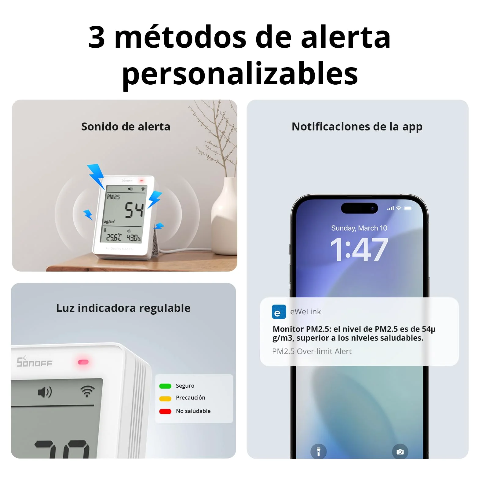 SONOFF Monitor inteligente de calidad del aire, PM2.5, detector PM10, temperatura/humedad, pantalla en tiempo real y alarma