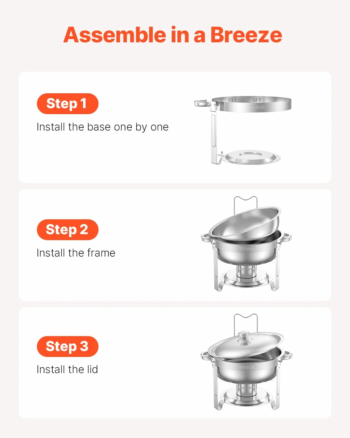 VEVOR Calentador de Alimentos para Bufé con 4 Recipientes de Tamaño Completo(4,7 L Cada Uno), Redondo, para Catering con Tapa, Bandeja de Agua y Soporte Plegable, para Bodas y Fiestas, Plata