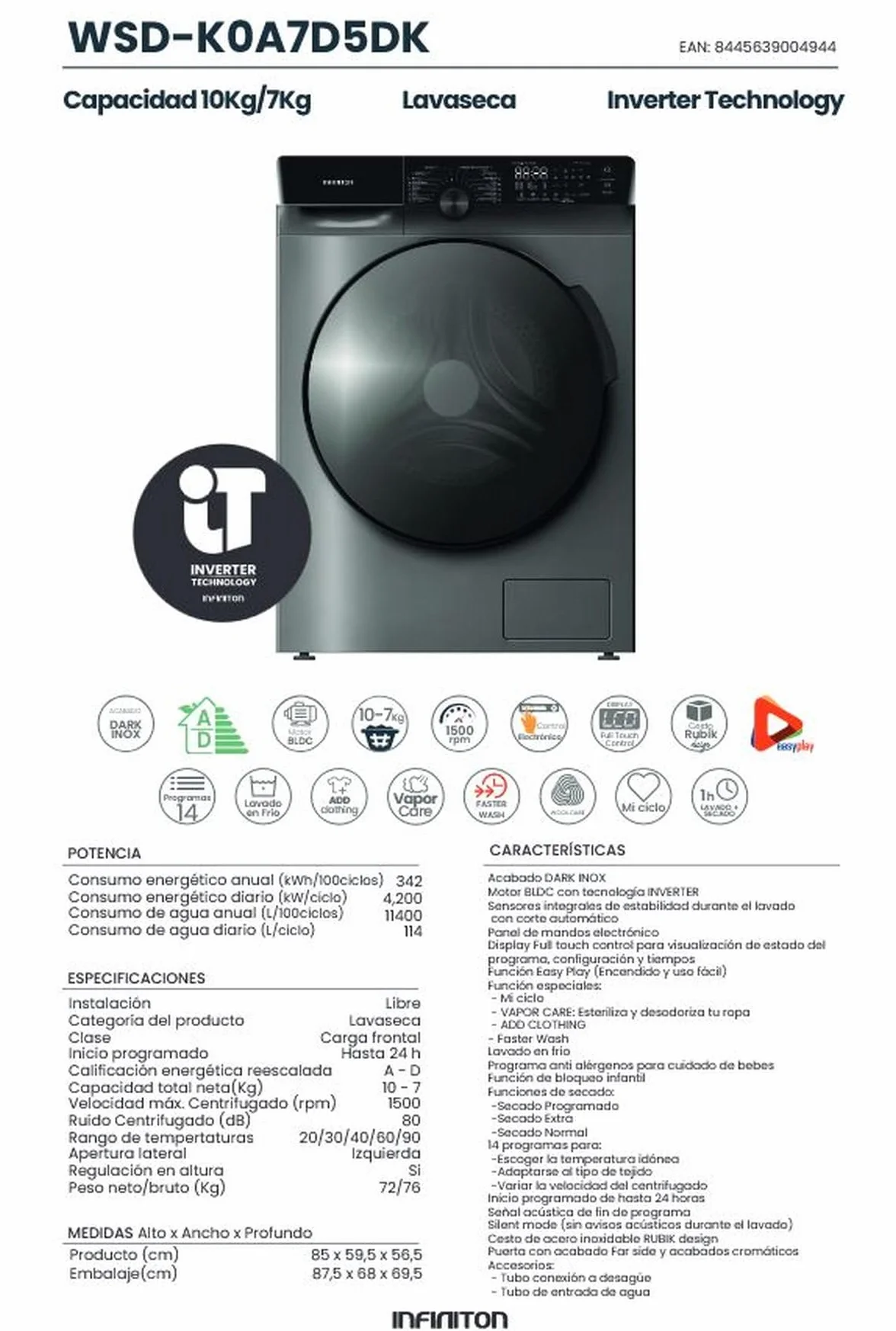 Lavaseca Carga Frontal INFINITON WSD-K0A7D5DK 10 kg Lavado 7 kg Secado 1500 RPM Dark Inox