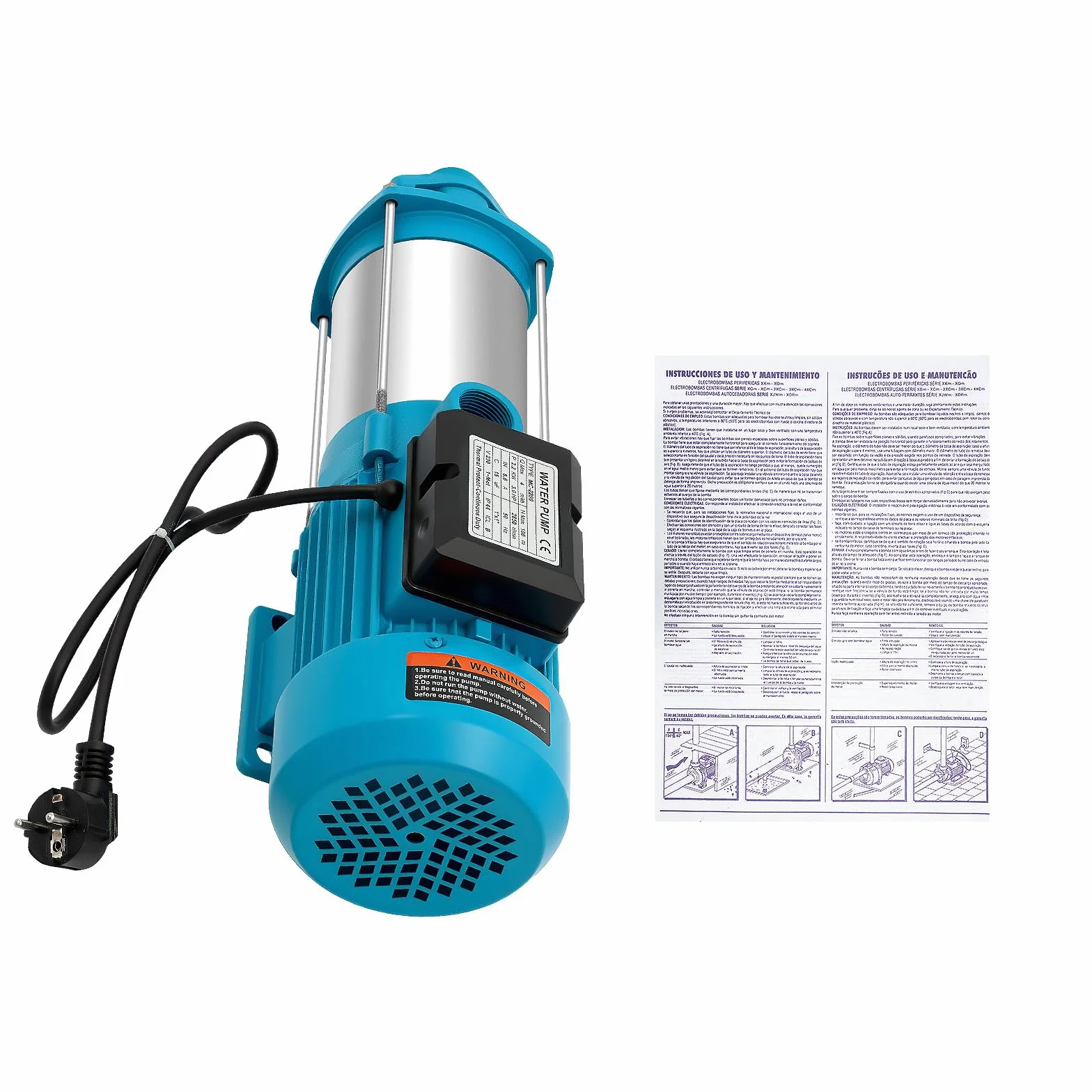Bomba centrífuga de agua 2200 W, acero inoxidable, 879,87 gal/h, 2850 rpm, bomba centrífuga IP44, autocebante, jardín, casa, riego, bomba de alta presión, enchufe europeo