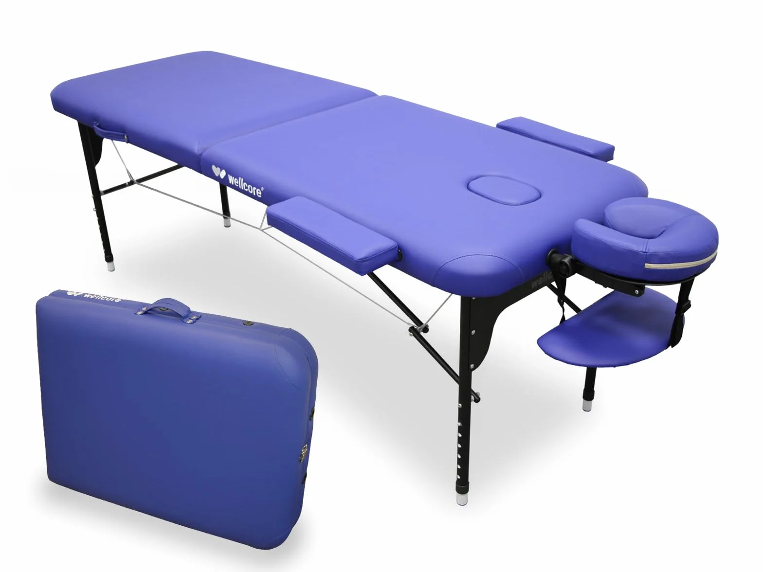 QUIRUMED Camilla Plegable de Aluminio WELLCORE, 185 x 65 cm, Polipiel, Altura Regulable, Cabezal articulado, Agujero Facial, Brazos Laterales, Color Azul, Mochila de Transporte, hasta 225 kg