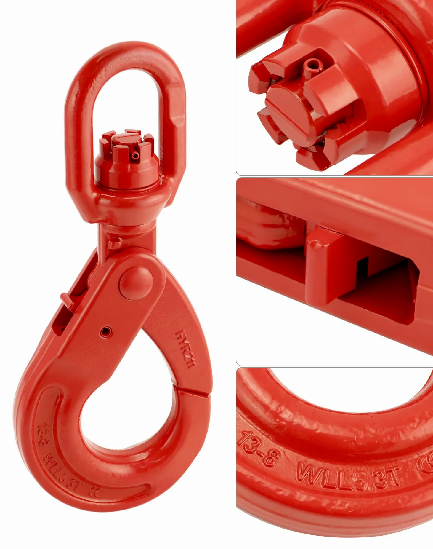 QWORK Gancho giratorio de acero forjado de grado 80, gancho de seguridad, gancho de elevación de 10000 libras, gancho de bloqueo fuerte forjado en gota, ojos giratorios grandes de 1,27 cm, acabado