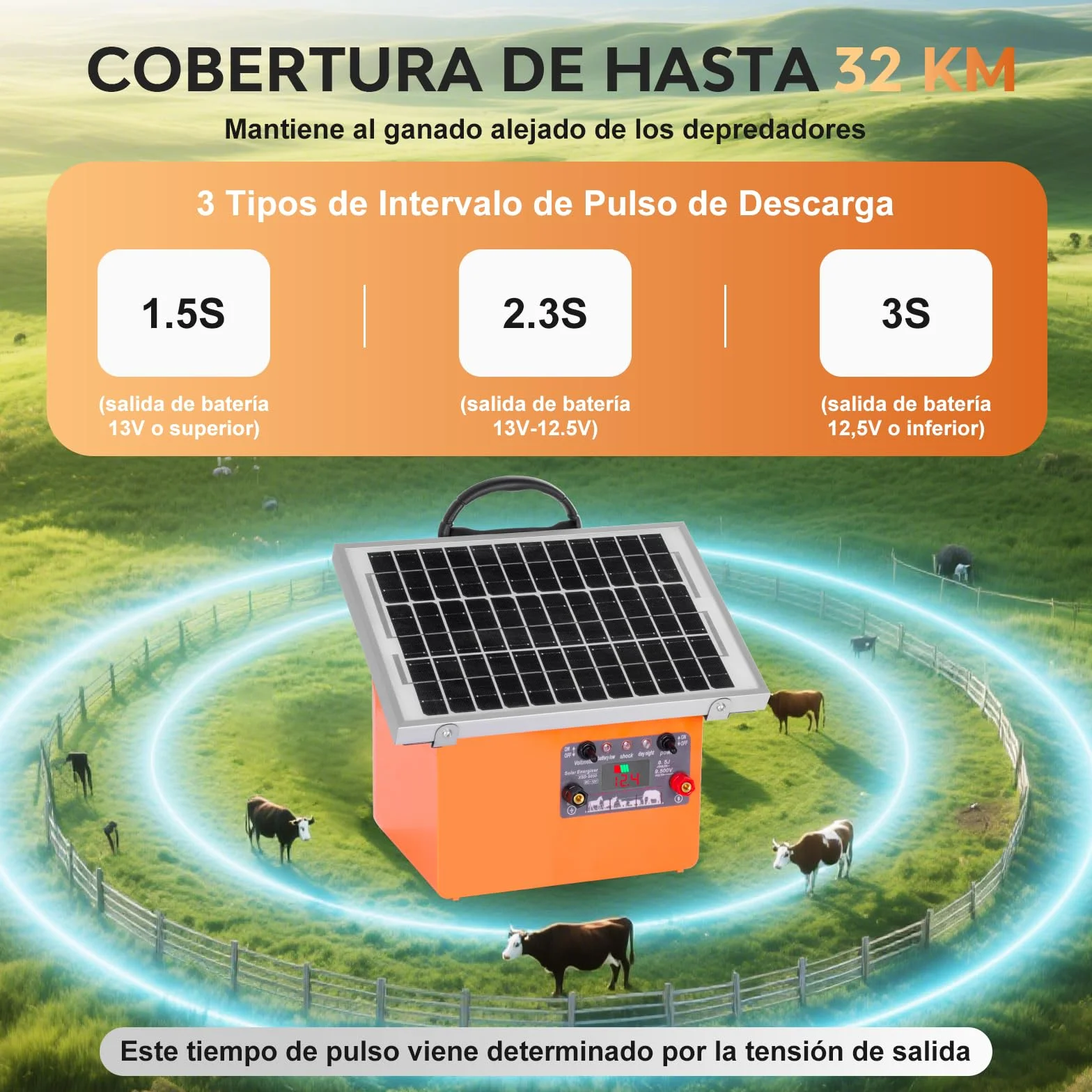 32KM Solar Pastor Electrico, 9,5 kV Pastor eléctrico Controlador para caballos, 0,5 J Valla eléctrica para cría de animales de pastor, para granja, pastoreo, jardín