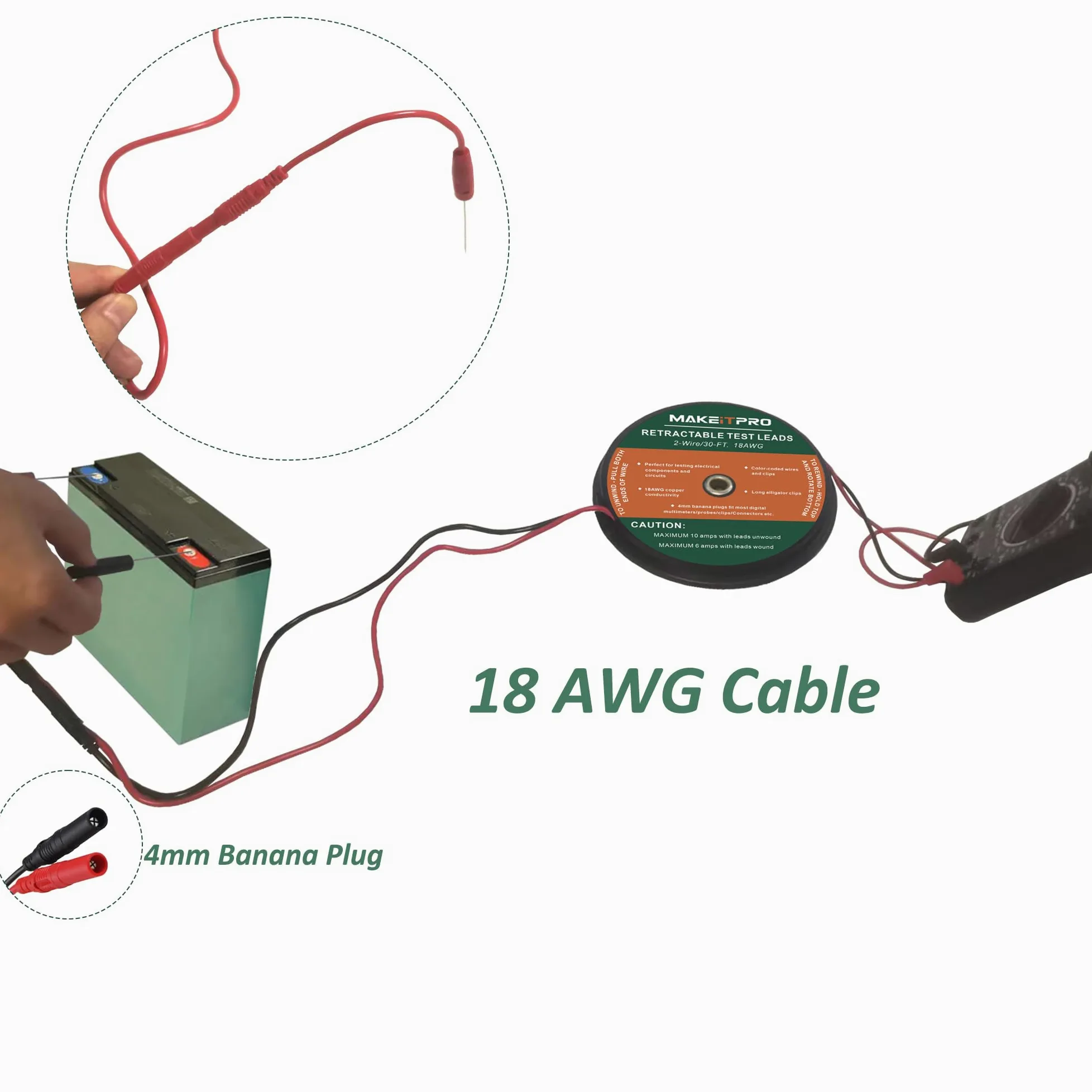 2 cables de prueba retráctiles de 30 pies y 18 AWG con bolsa de cable y clips de cocodrilo eléctrico de doble extremo, sonda de prueba, cables de alambre para conexión de circuito/pruebas
