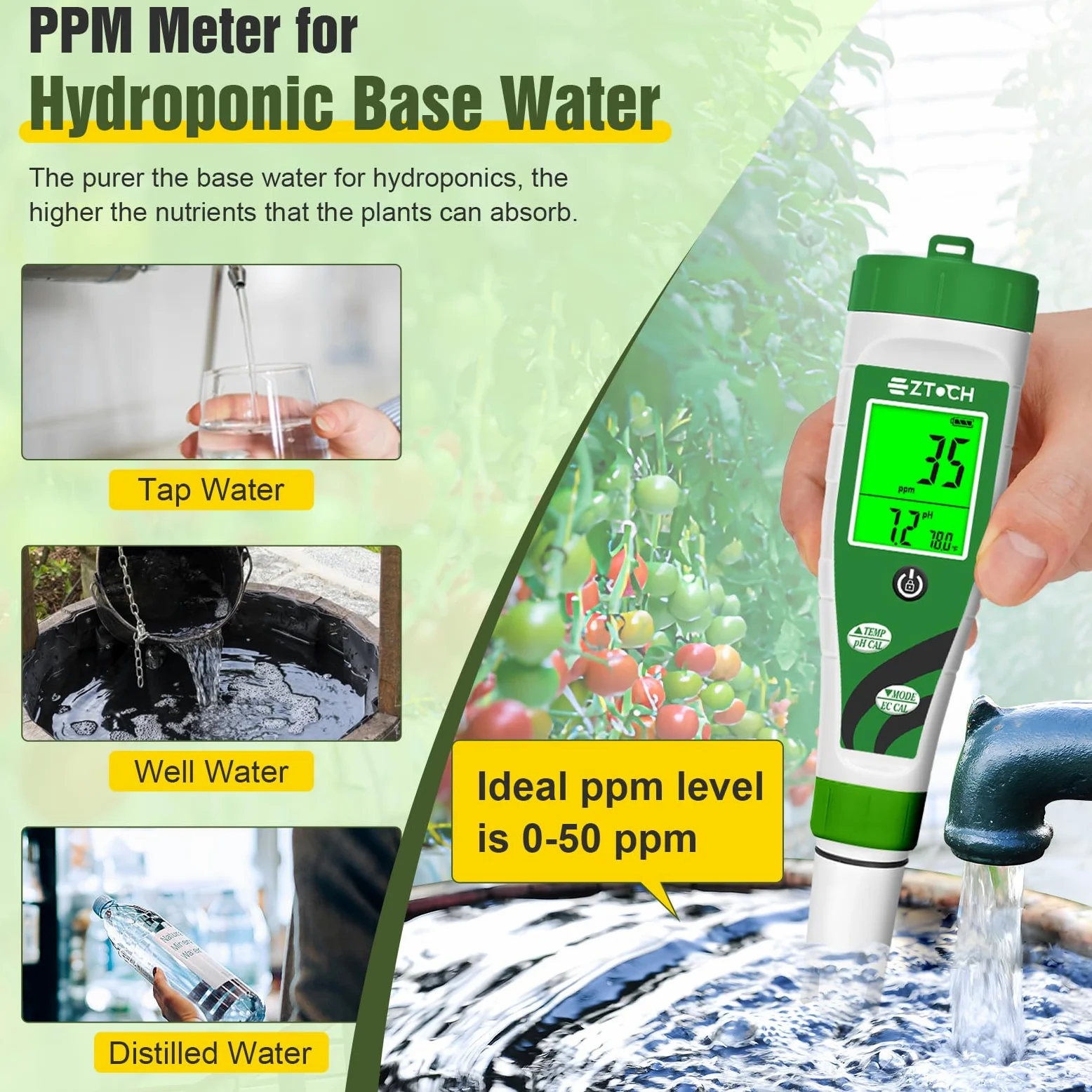 Medidor hidropónico de pH EC PPPM, medidor de pH TDS con visualización simultánea para solución de nutrientes de depósito, medidor de pH EC para configuración de sistema DWC hidropónico de agua